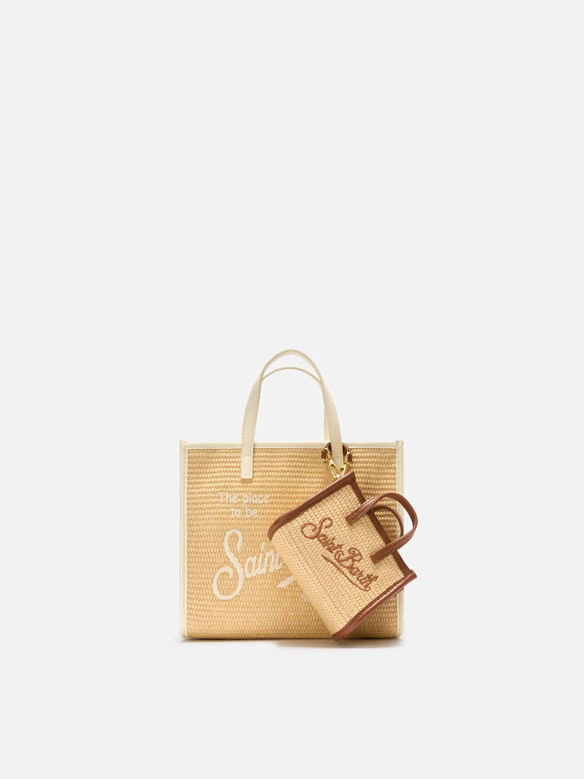 Vivian micro raffia effect bag with brown embroidered logo - Image 6