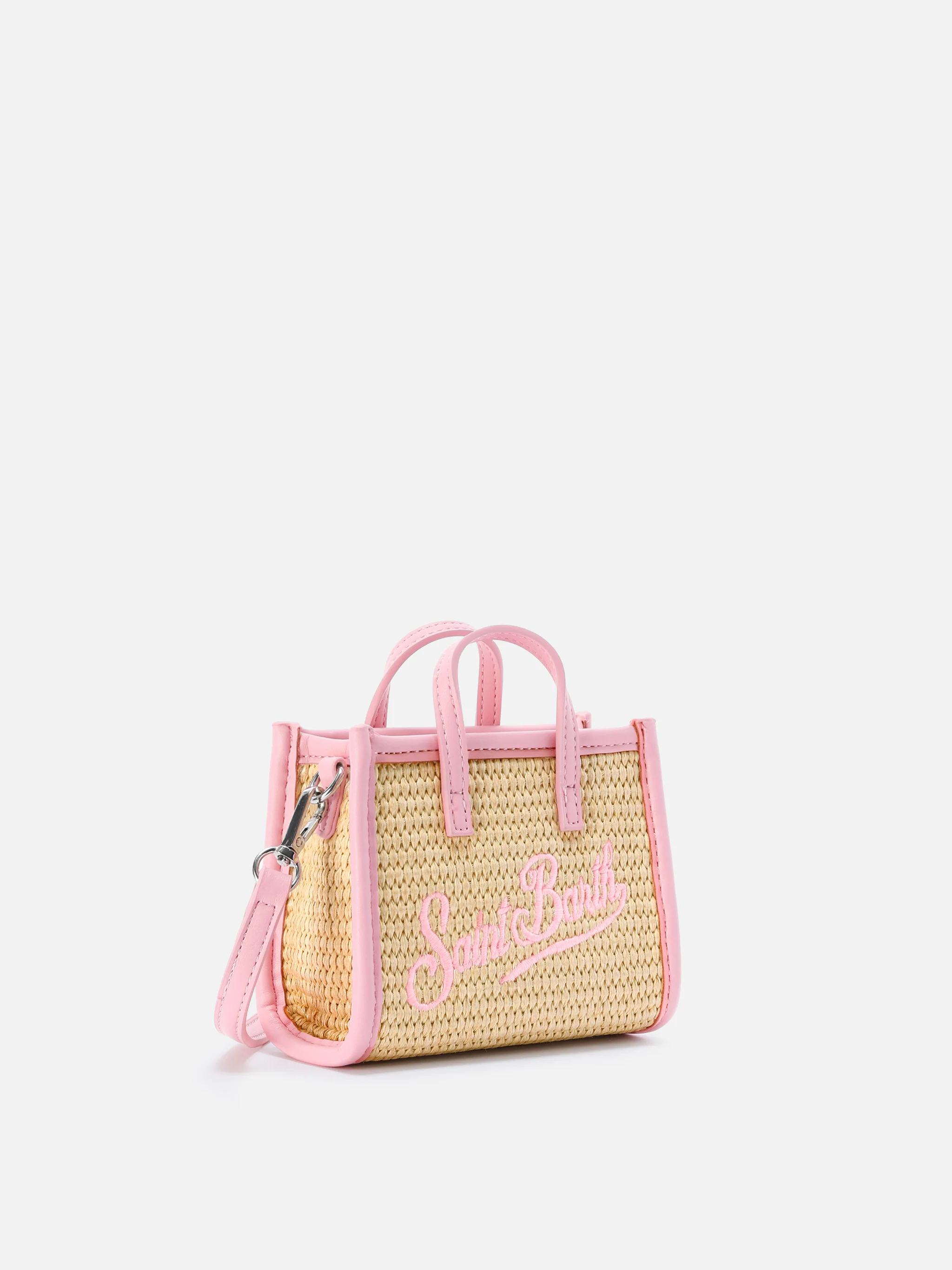 Vivian micro raffia effect bag with pink embroidered logo - Image 3
