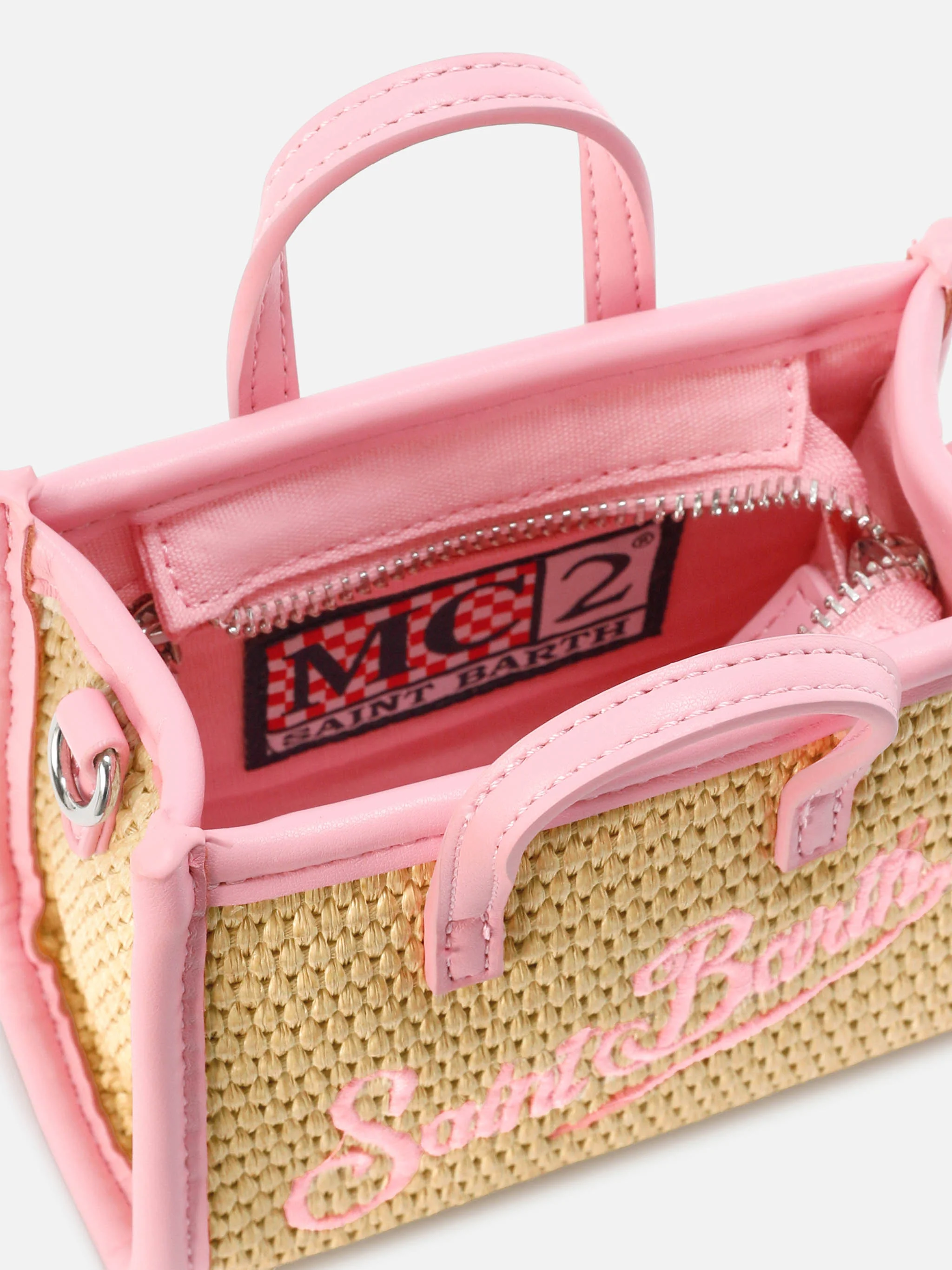 Vivian micro raffia effect bag with pink embroidered logo - Image 5