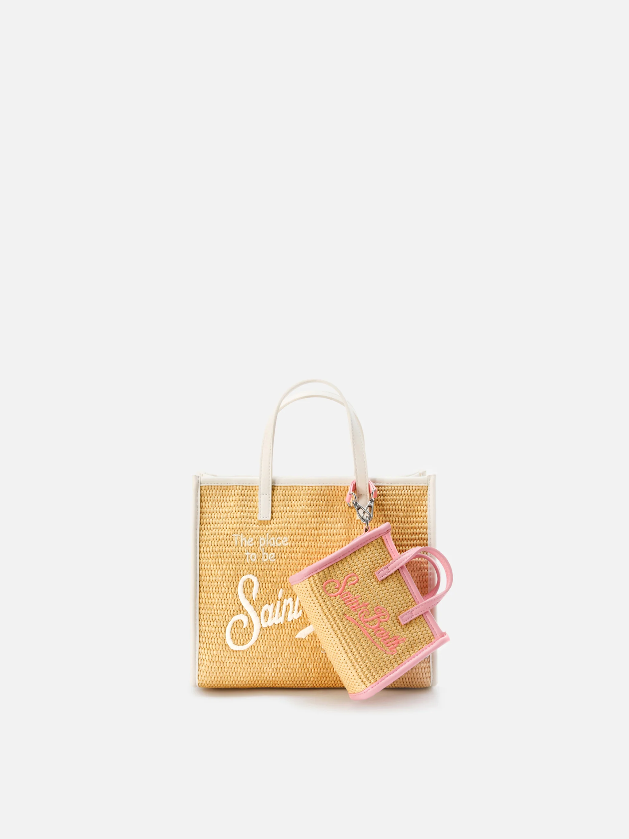 Vivian micro raffia effect bag with pink embroidered logo - Image 6