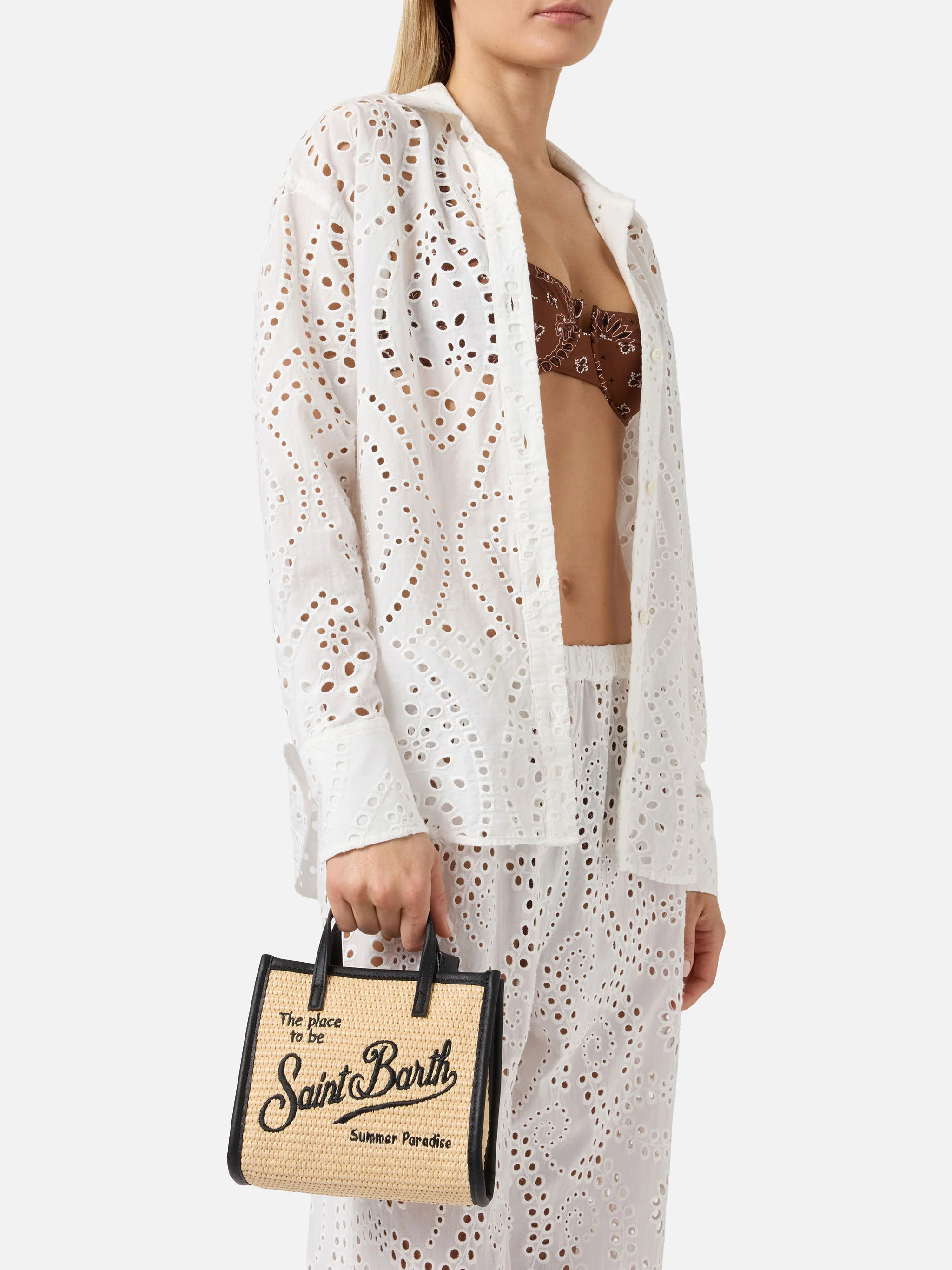 Vivian mini straw effect bag with black embroidered logo - Image 2