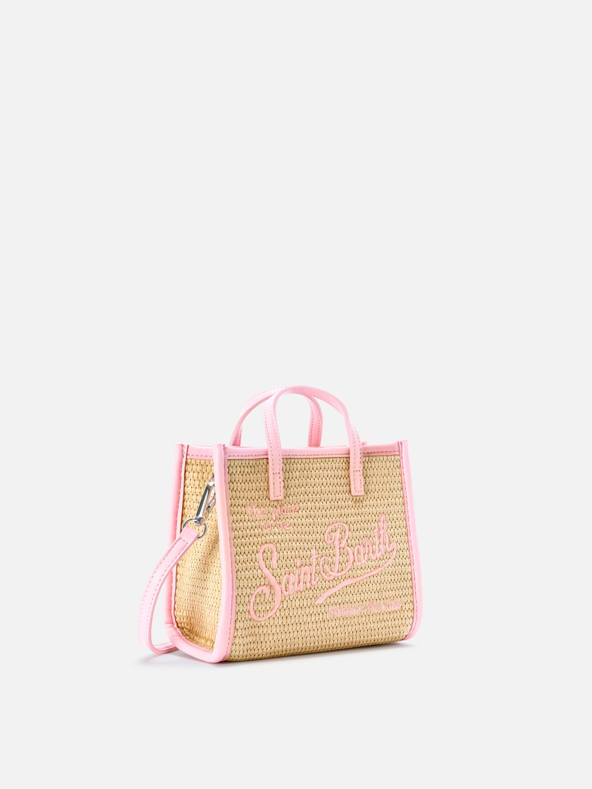Vivian mini straw effect bag with pink embroidered logo - Image 3