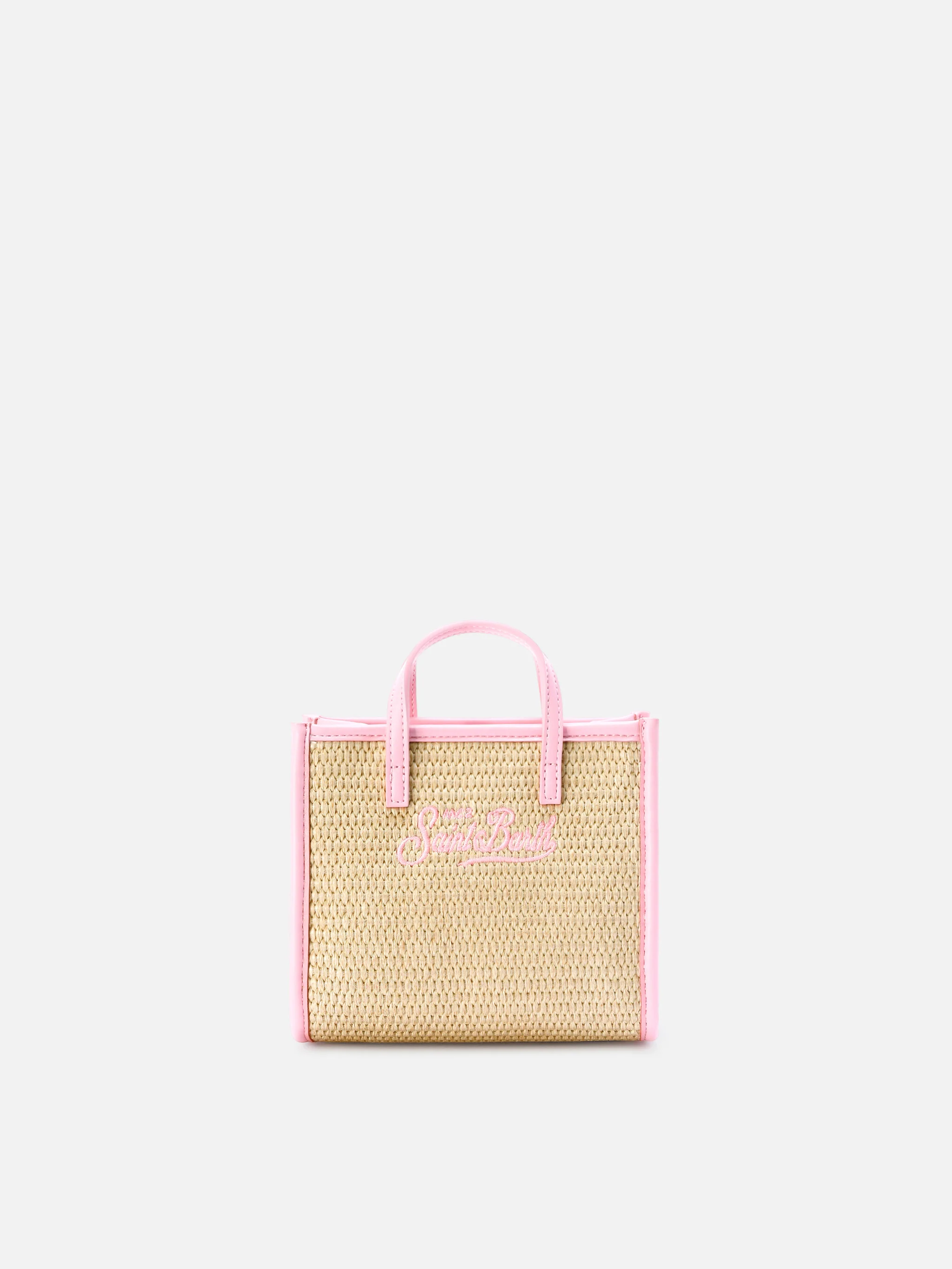 Vivian mini straw effect bag with pink embroidered logo - Image 4