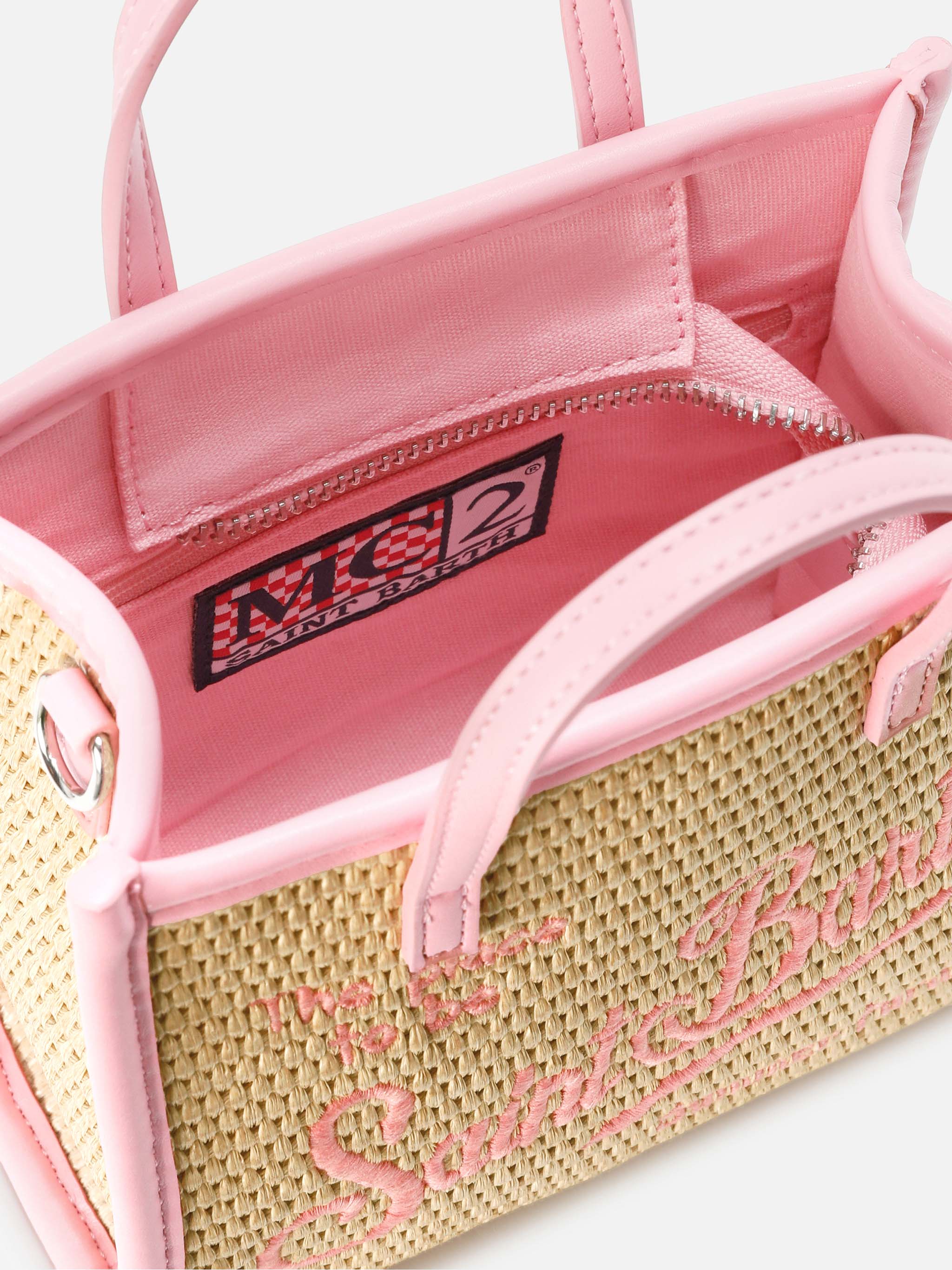 Vivian mini straw effect bag with pink embroidered logo - Image 5