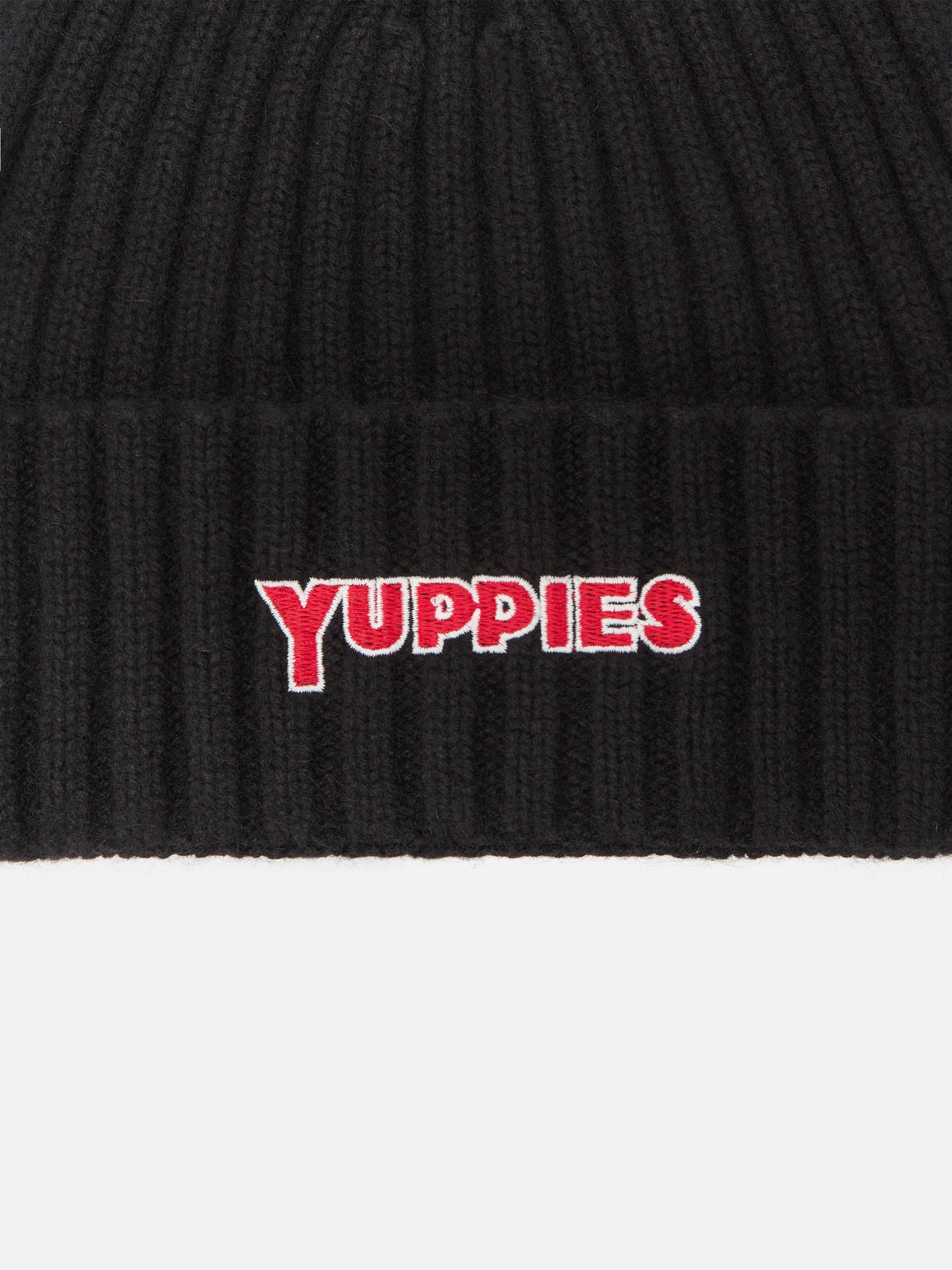 Wengen beanie in cashmere blend in black with Yuppies embroidery - Image 2