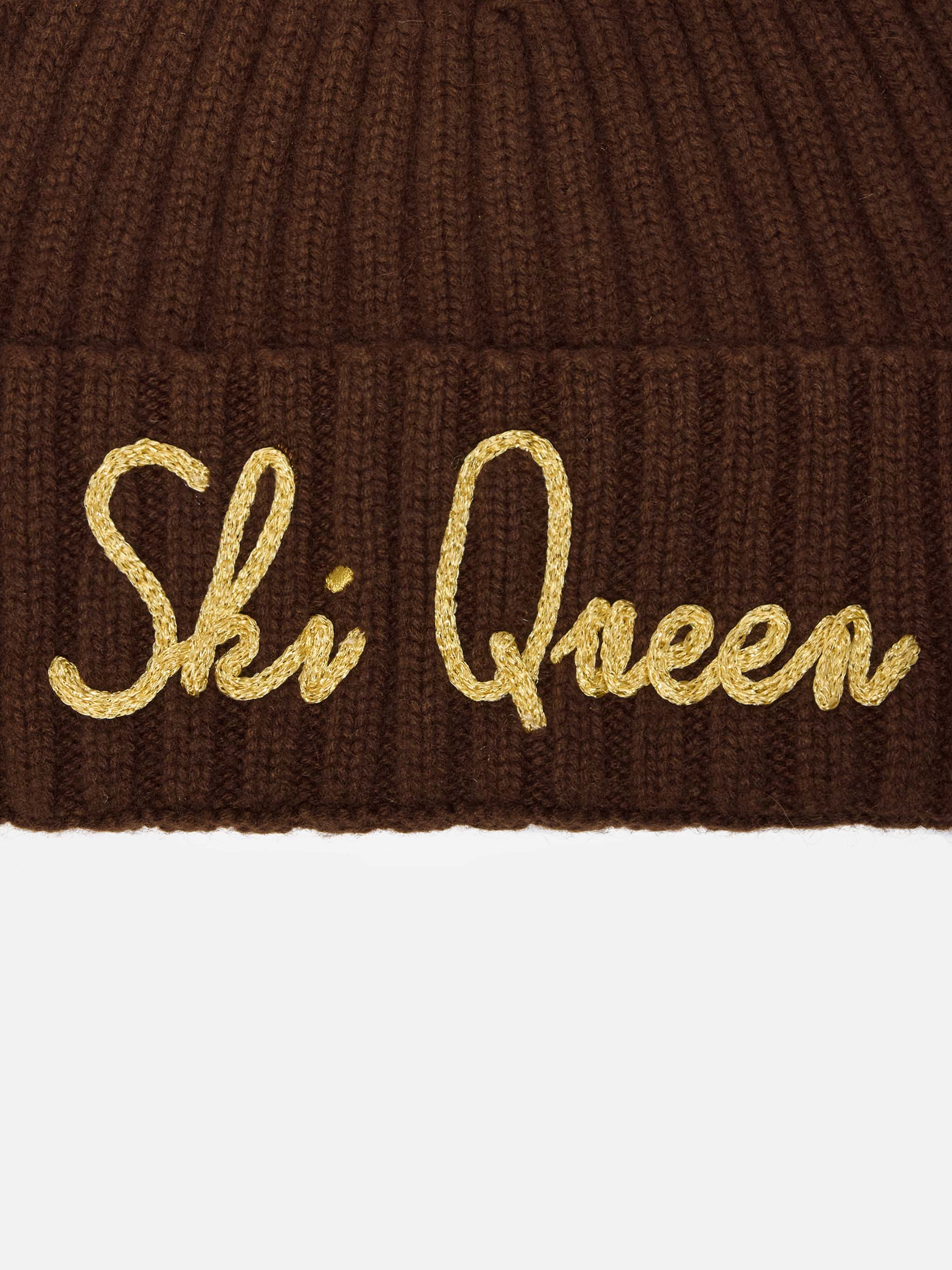 Cashmere blend Wengen beanie in brown with lurex Ski Queen embroidery - Image 2