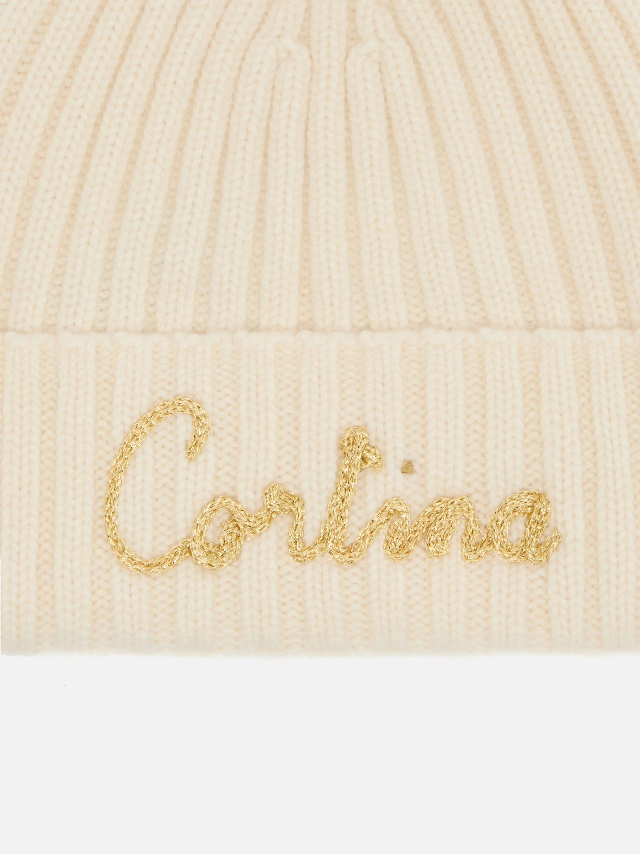 Wengen beanie in cashmere blend in white with lurex Cortina embroidery and pom-pom - Image 2