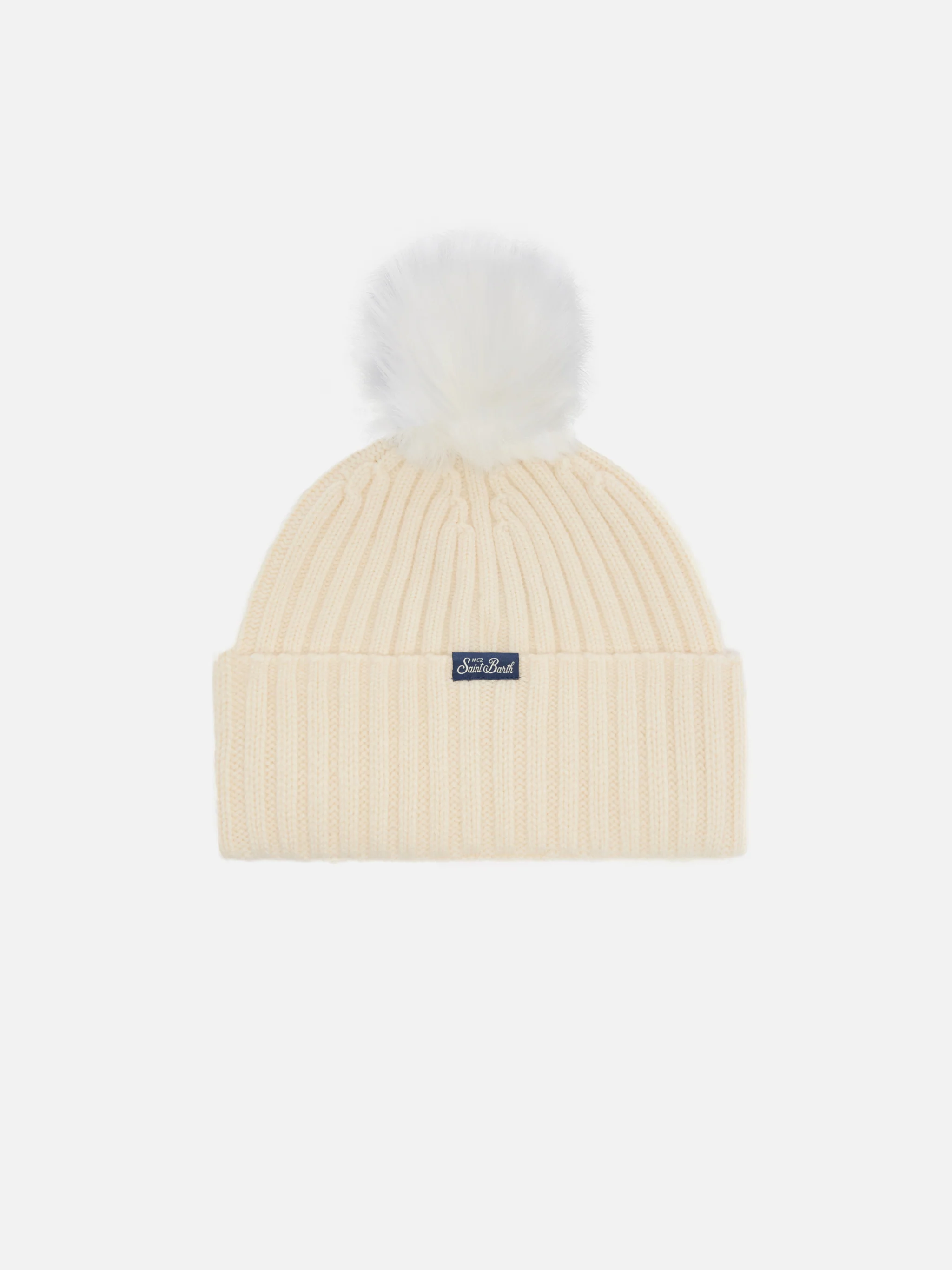 Wengen beanie in cashmere blend in white with lurex Cortina embroidery and pom-pom - Image 3