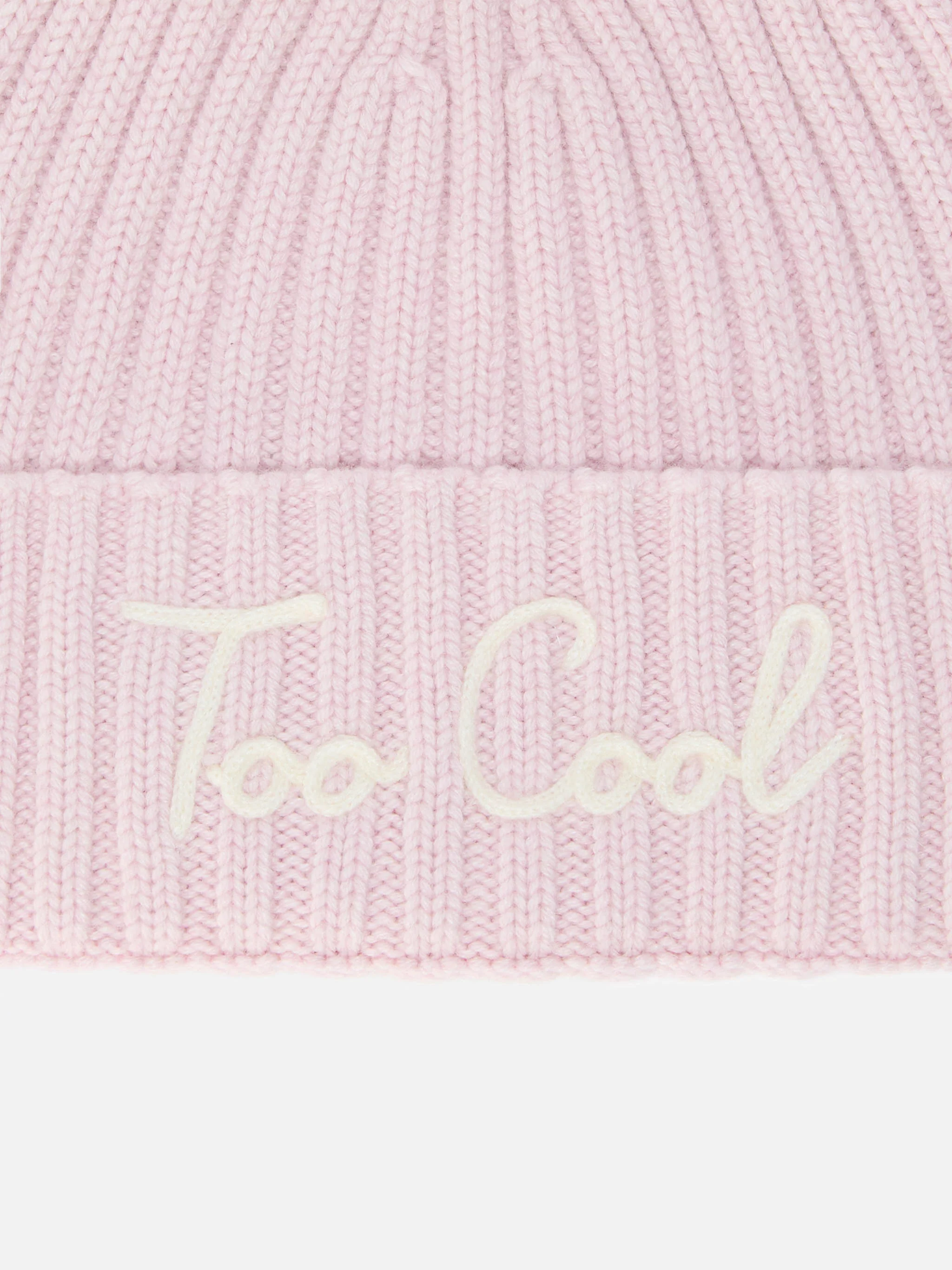 Wengen beanie in cashmere blend with pink “Too Cool” embroidery and pom-pom - Image 2