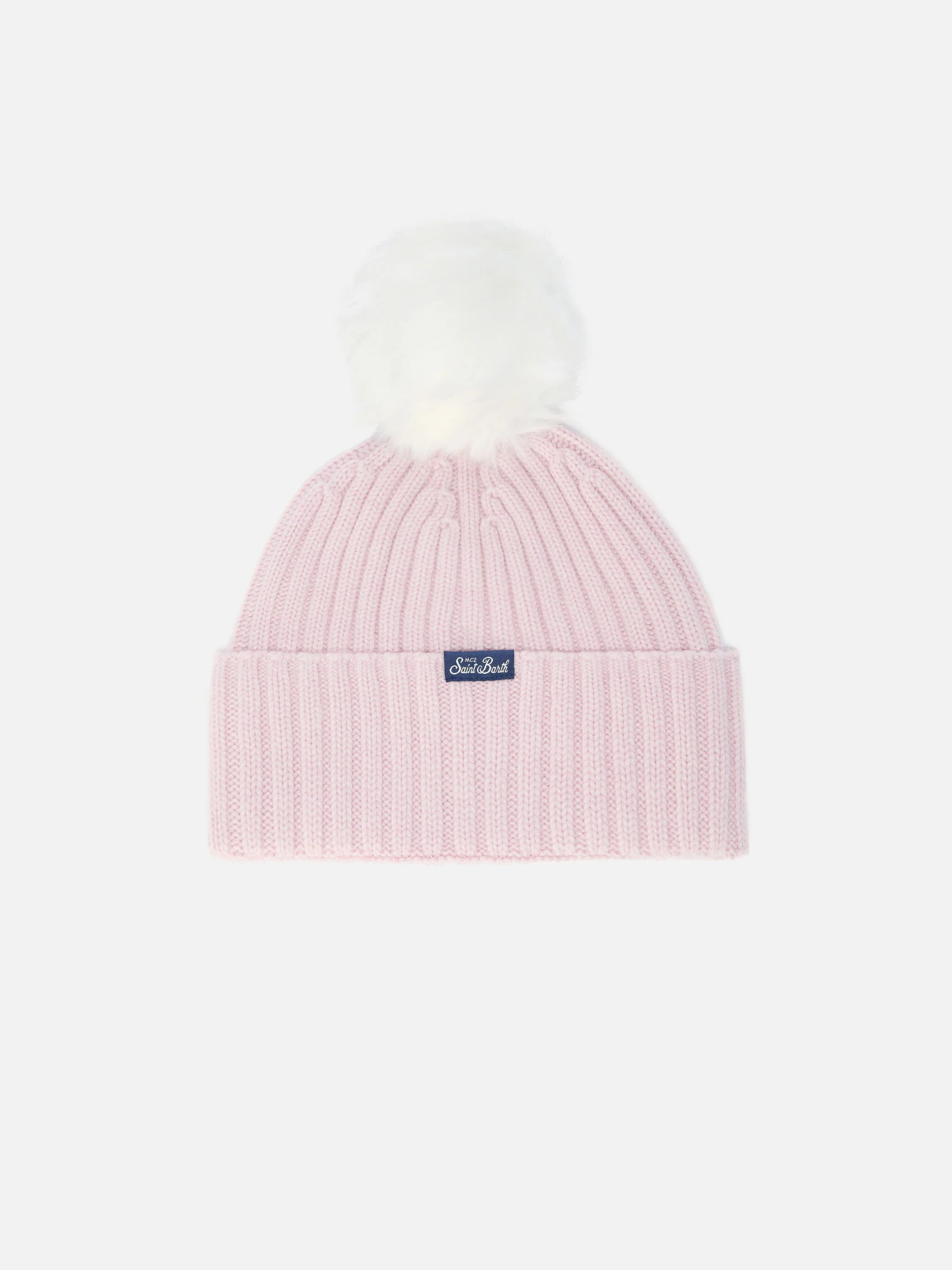 Wengen beanie in cashmere blend with pink “Too Cool” embroidery and pom-pom - Image 3