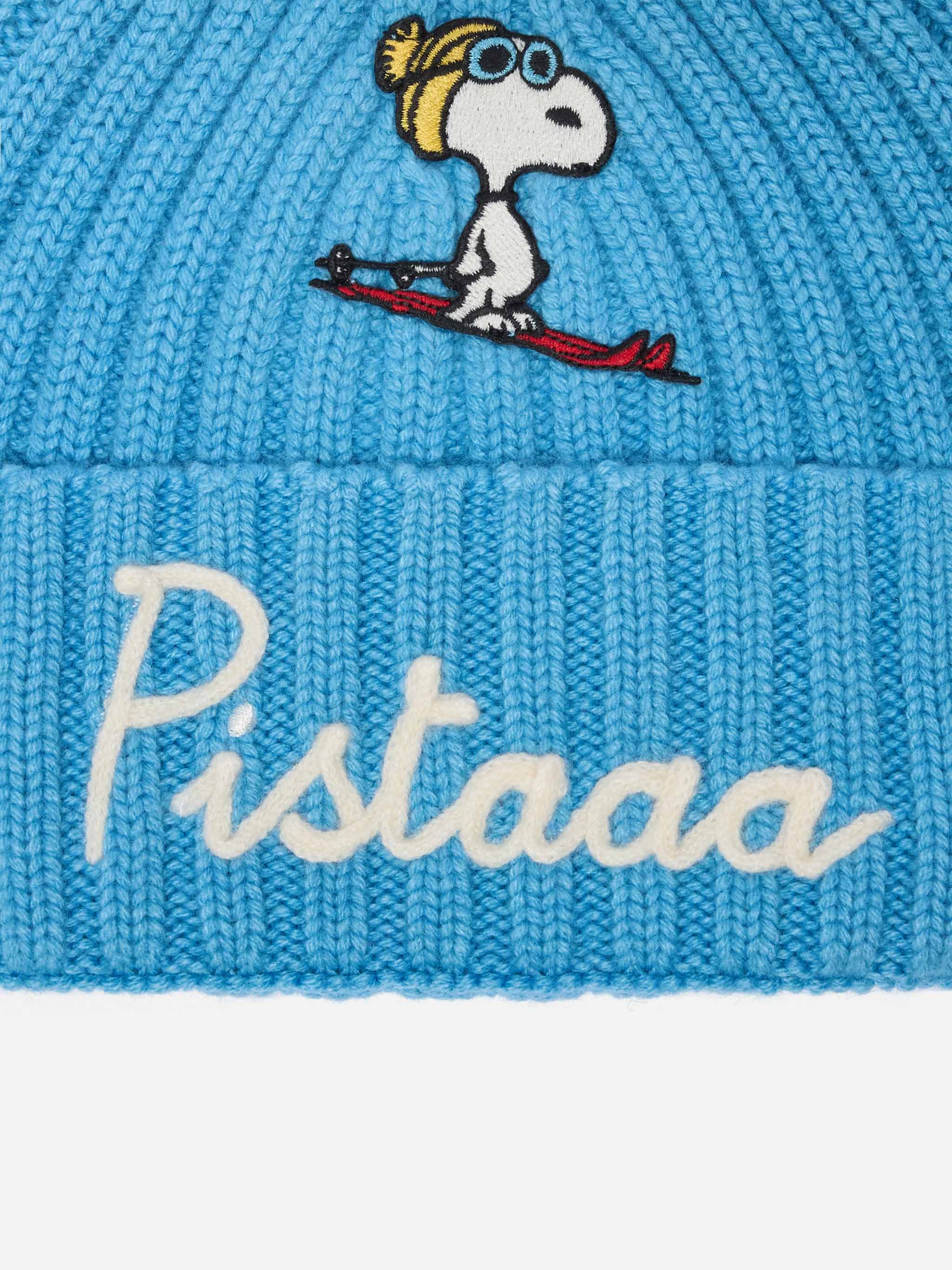 Wengen Jr beanie in cashmere blend in light blue with Snoopy patch and embroidery - Image 2