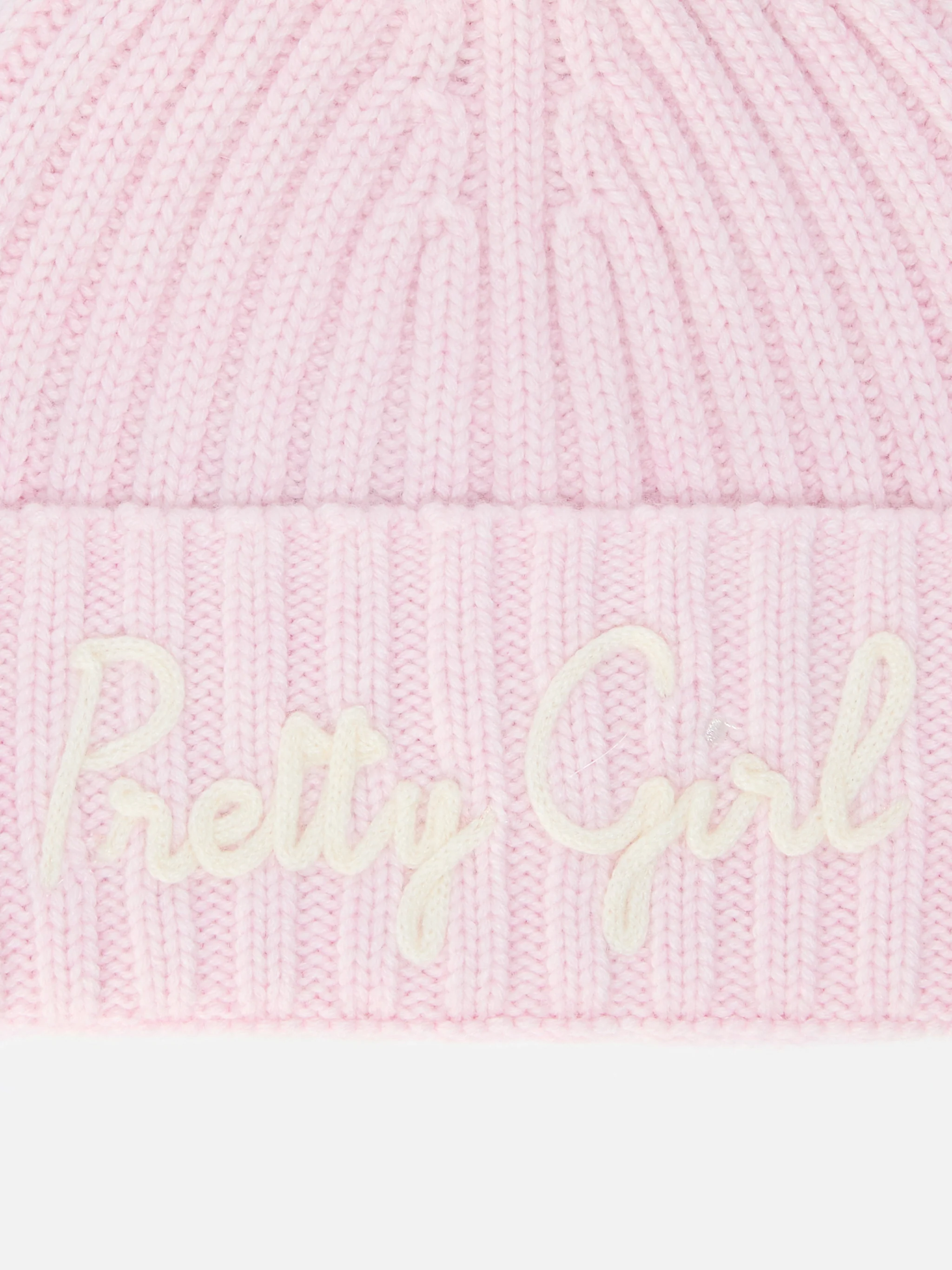 Wengen Jr F beanie in cashmere blend in pink with Pretty Girl embroidery - Image 2