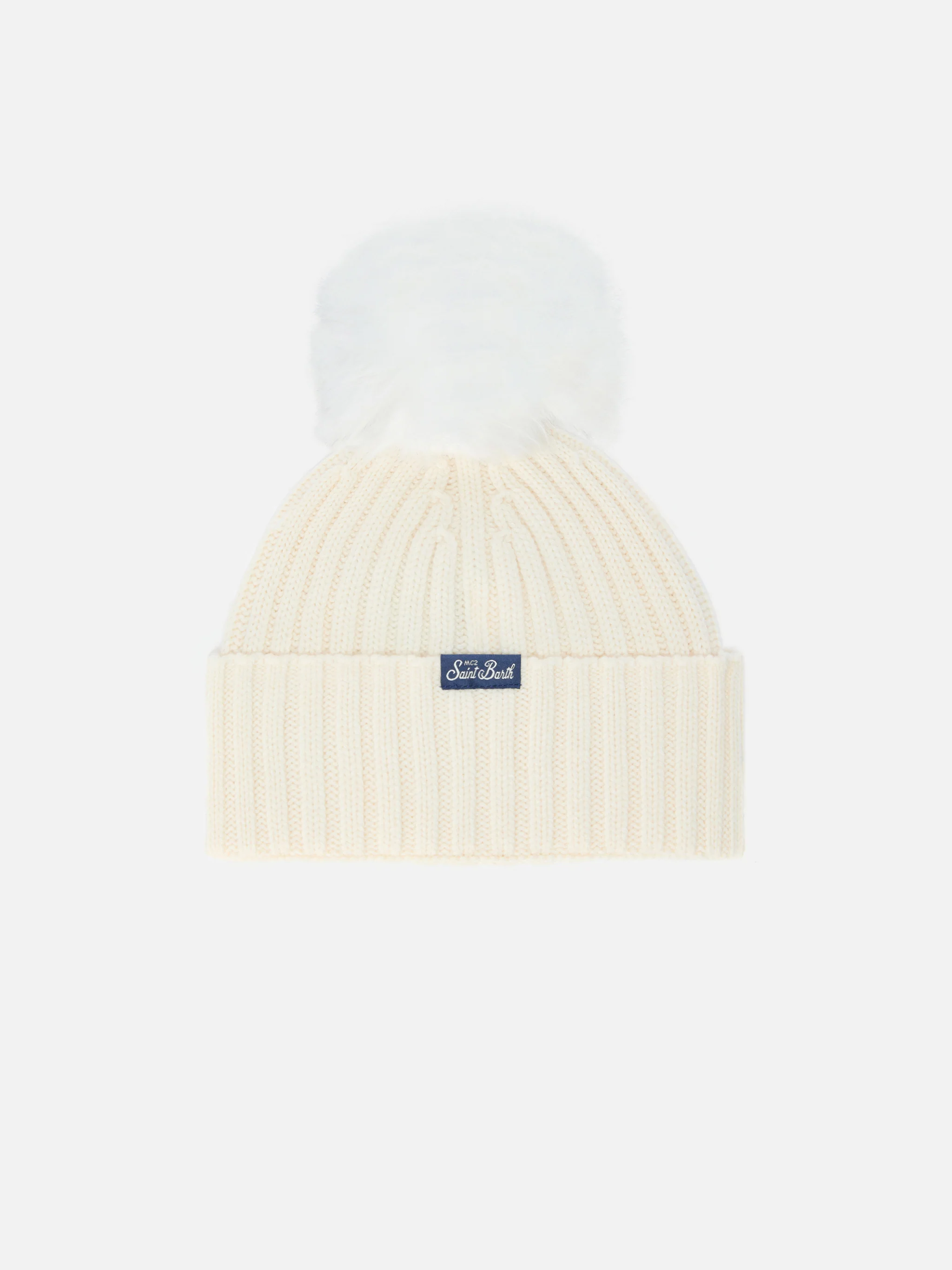Wengen Jr F beanie in cashmere blend in white with Favolosa embroidery - Image 3