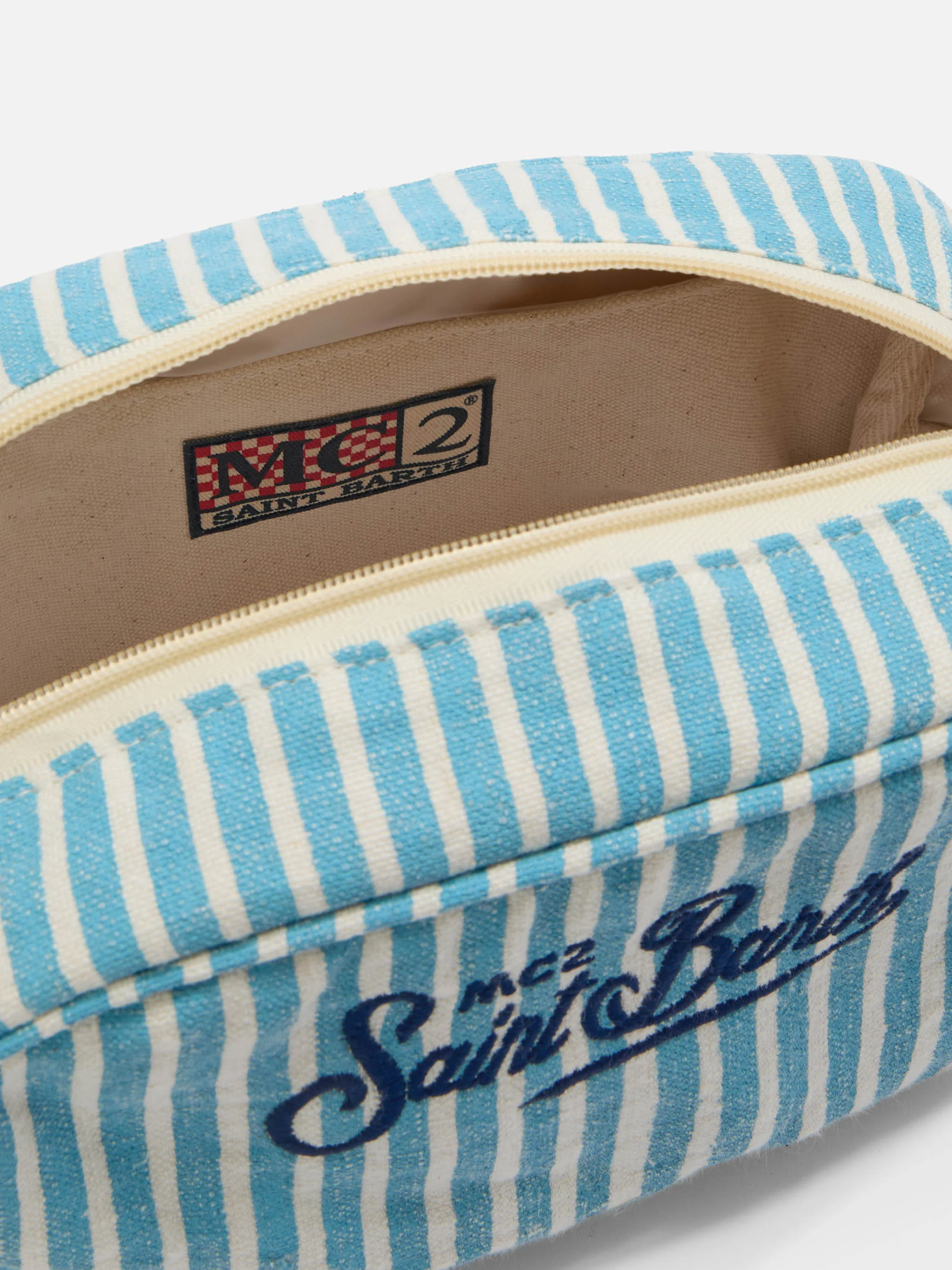 Westwood linen beauty bag with light blue and white striped pattern - Image 4