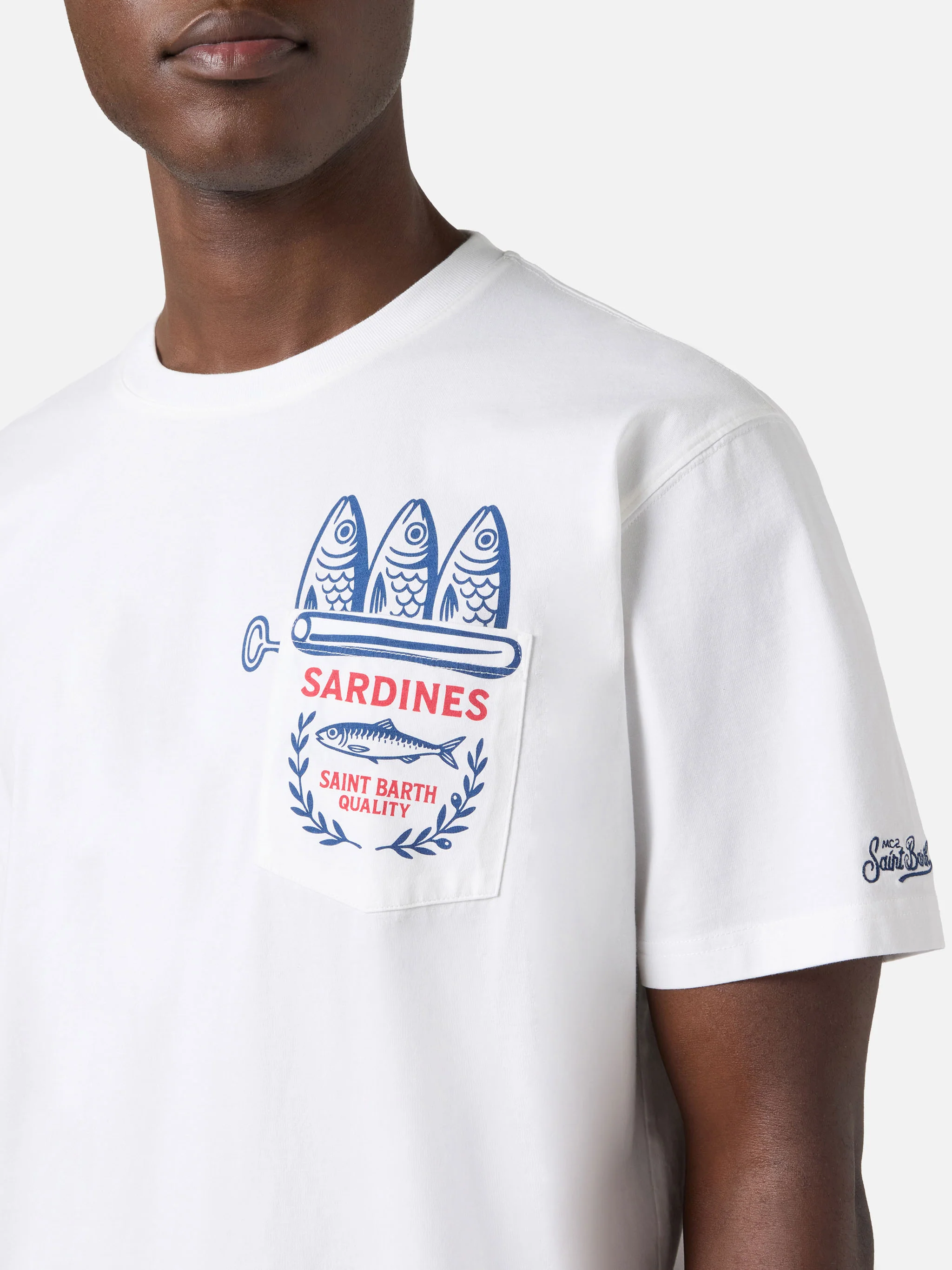 White Austin T-shirt with Sardine illustration - Image 2
