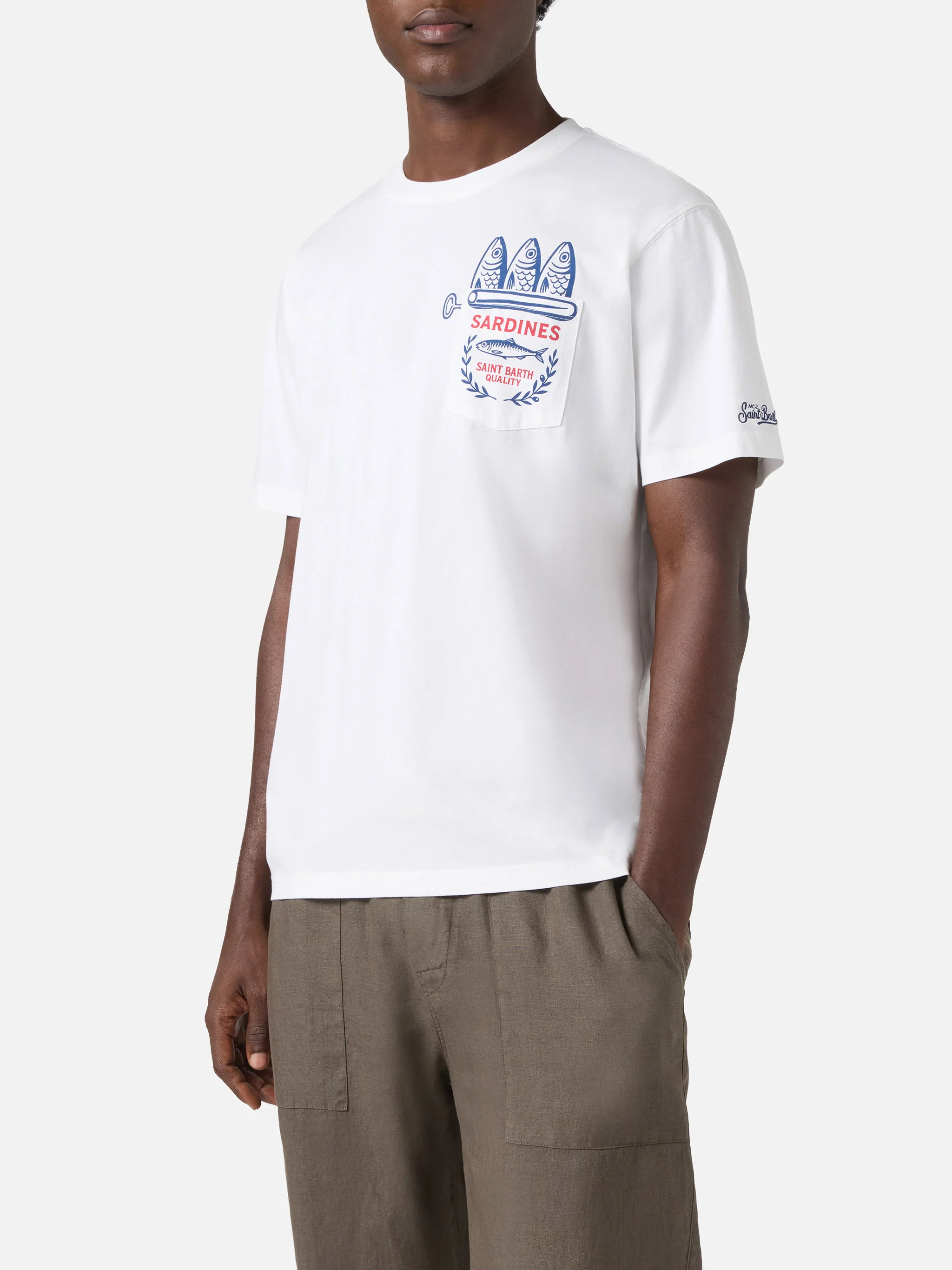 White Austin T-shirt with Sardine illustration - Image 3