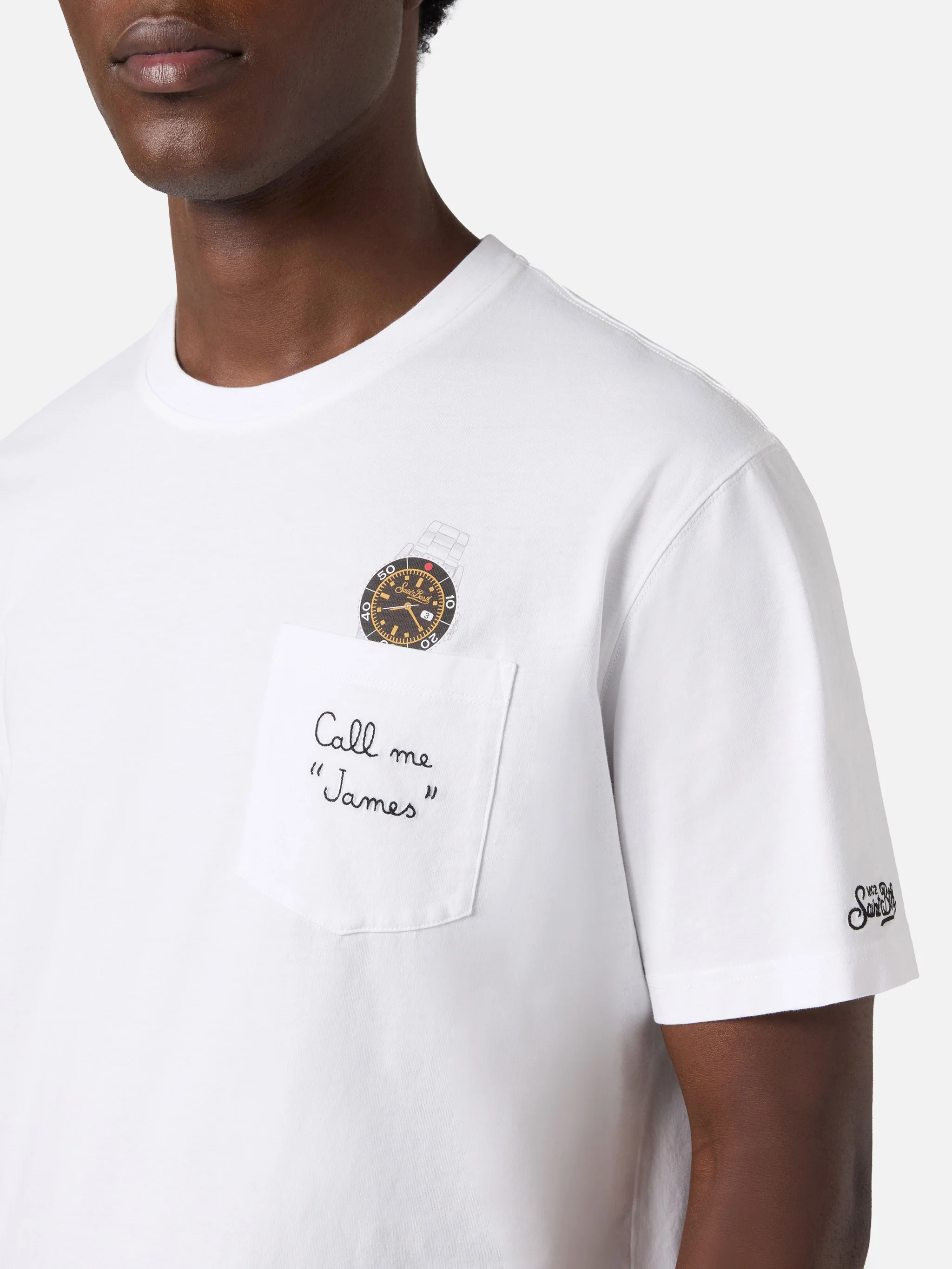 White Austin t-shirt with watch and Call Me James embroidery - Image 2