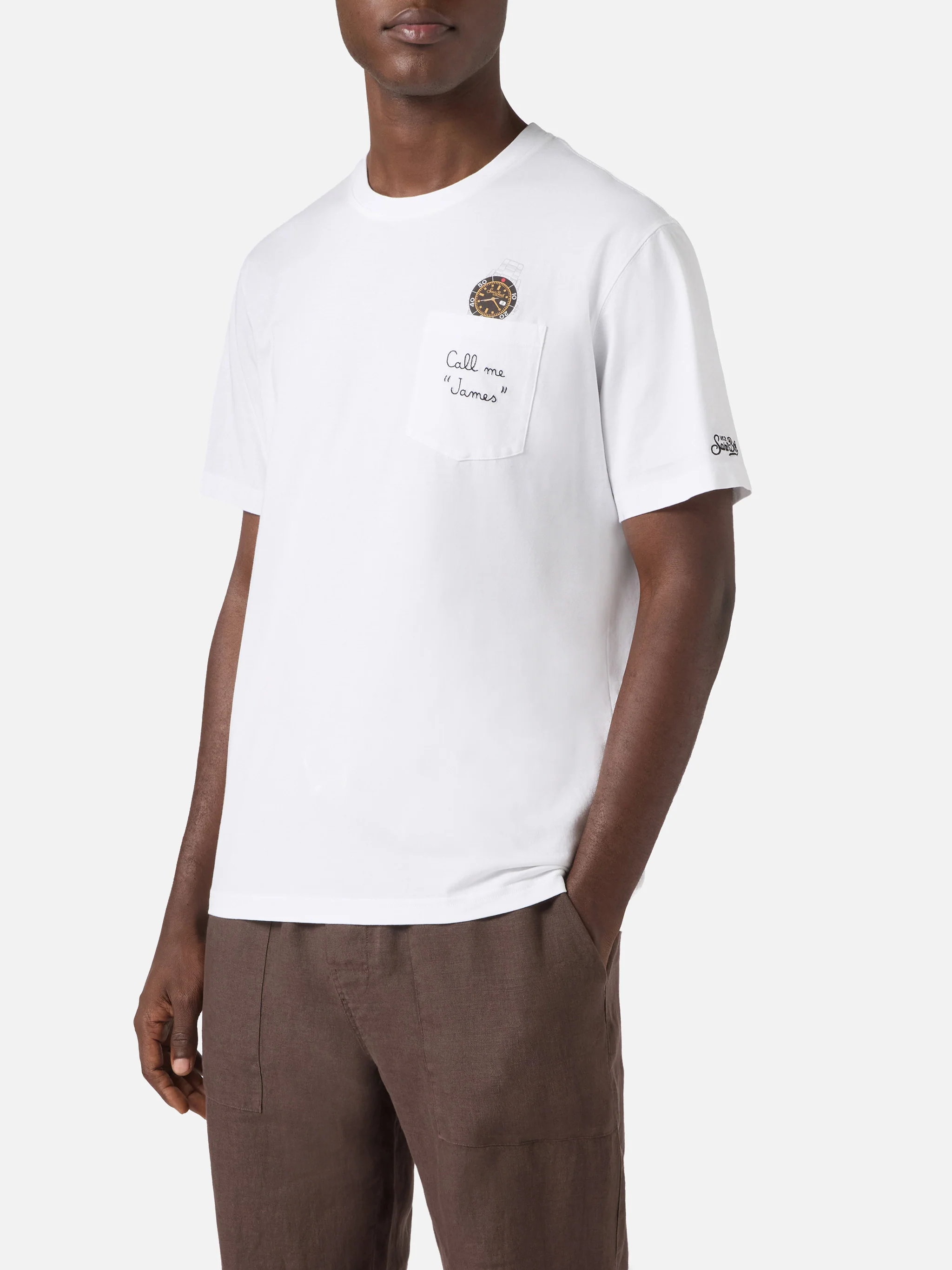White Austin t-shirt with watch and Call Me James embroidery - Image 3