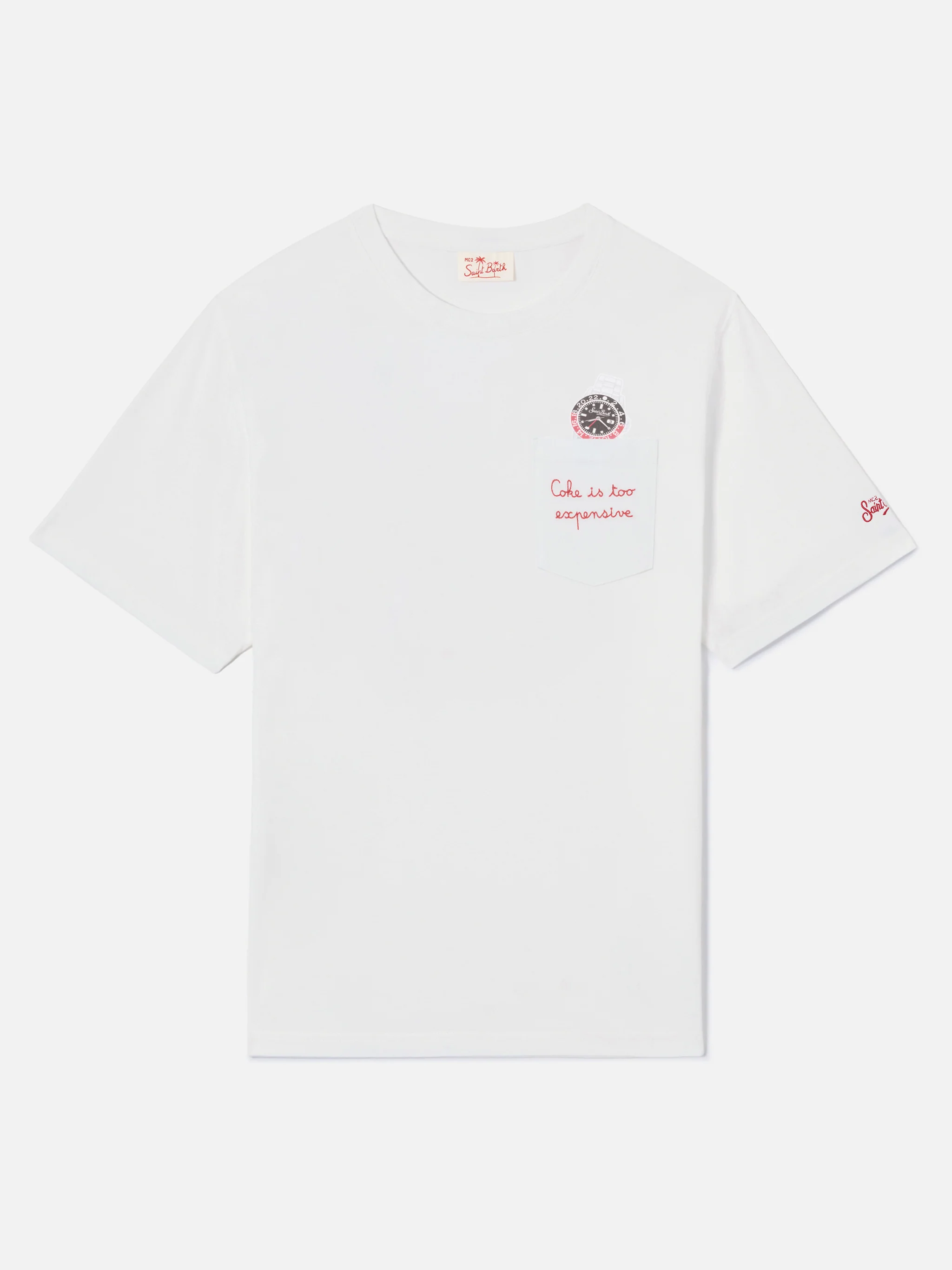 White Austin t-shirt with watch and Coke Is Too Expensive embroidery