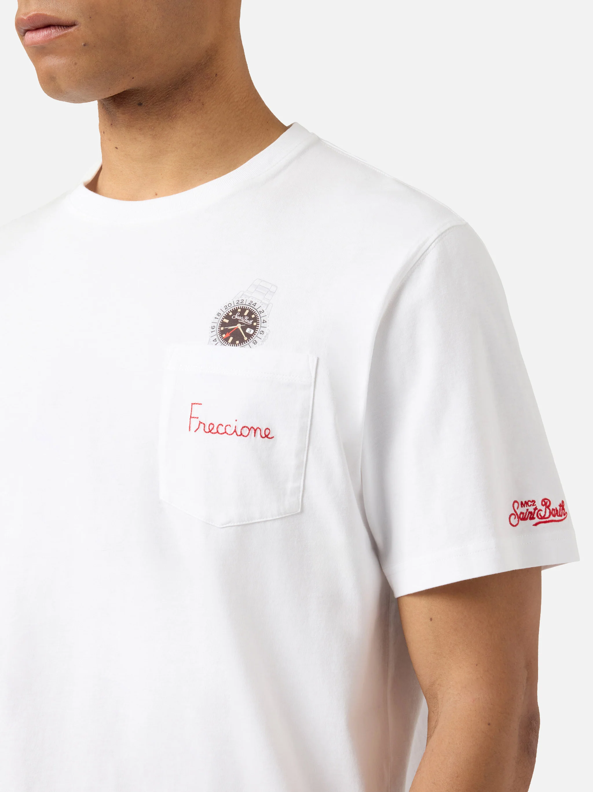 White Austin t-shirt with watch and Freccione embroidery - Image 2