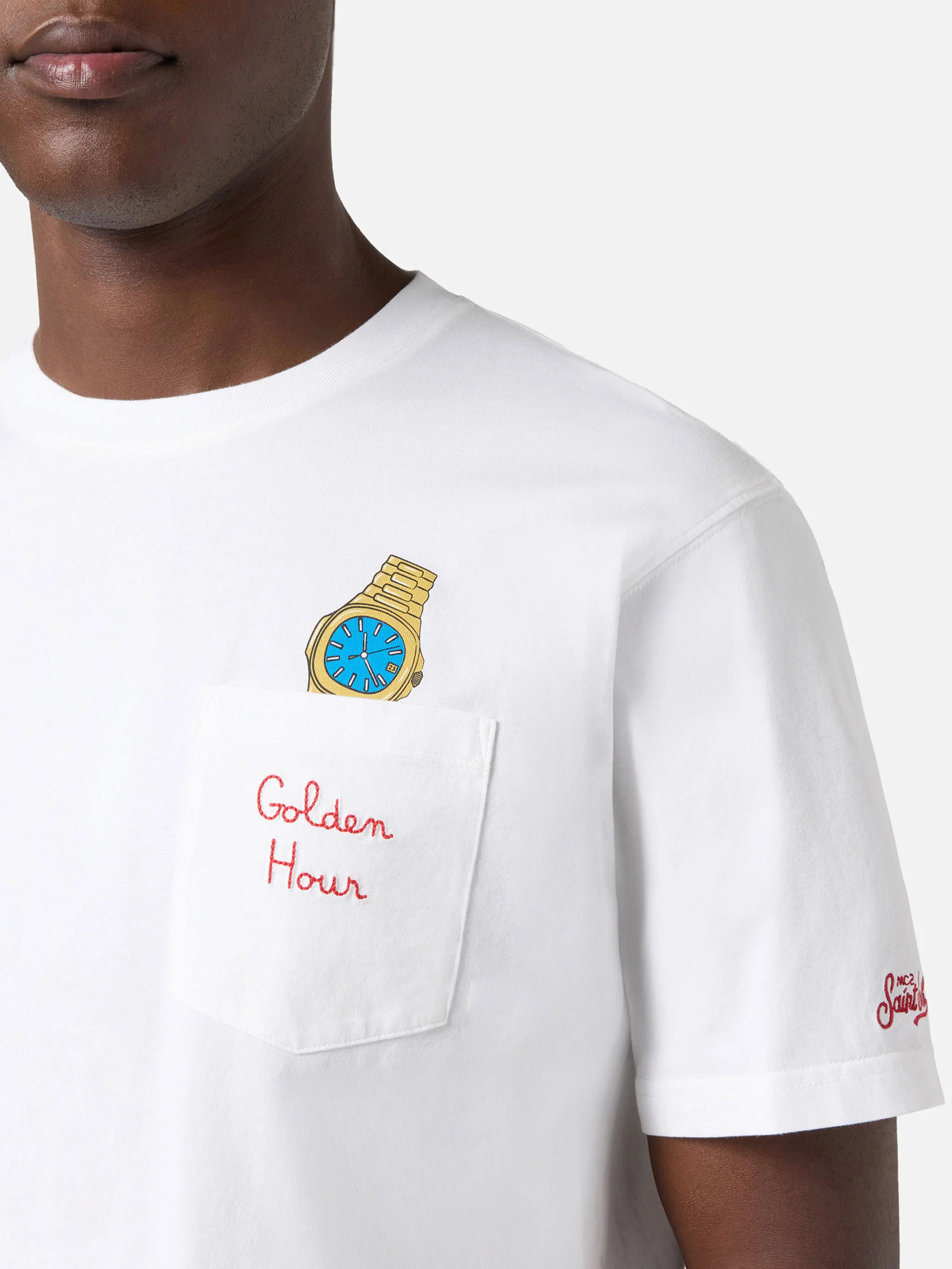 White Austin t-shirt with watch and Golden Hour embroidery - Image 2