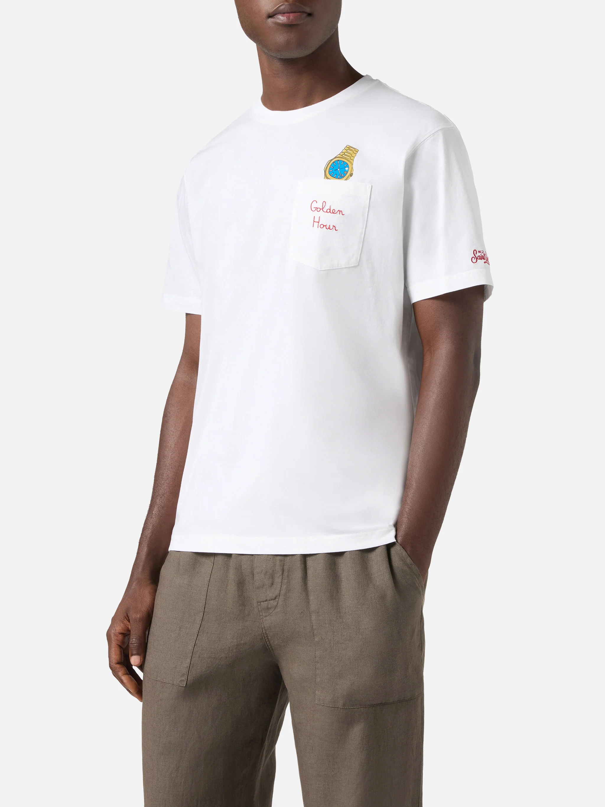 White Austin t-shirt with watch and Golden Hour embroidery - Image 3