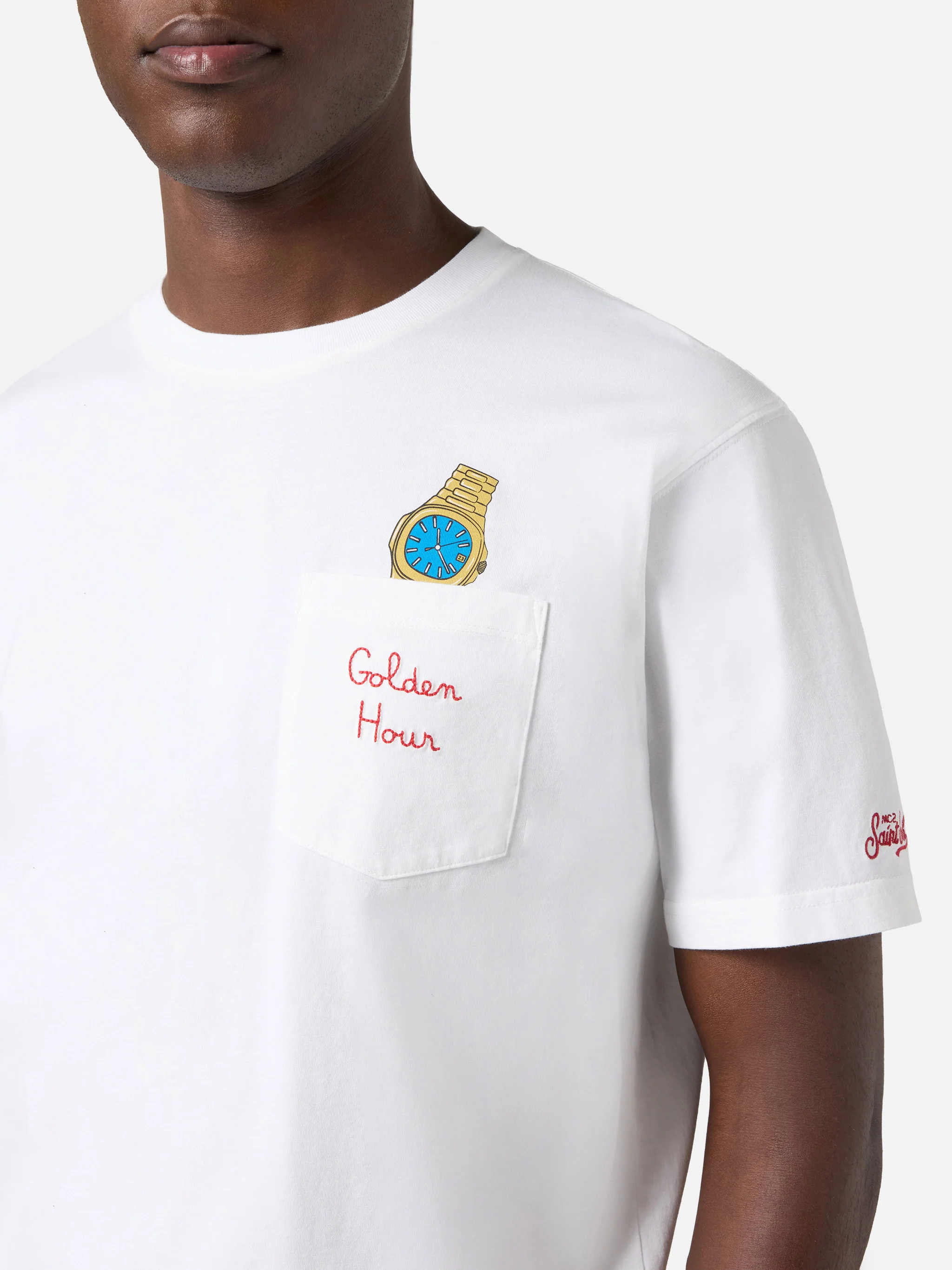 White Austin t-shirt with watch and Golden Hour embroidery - Image 5