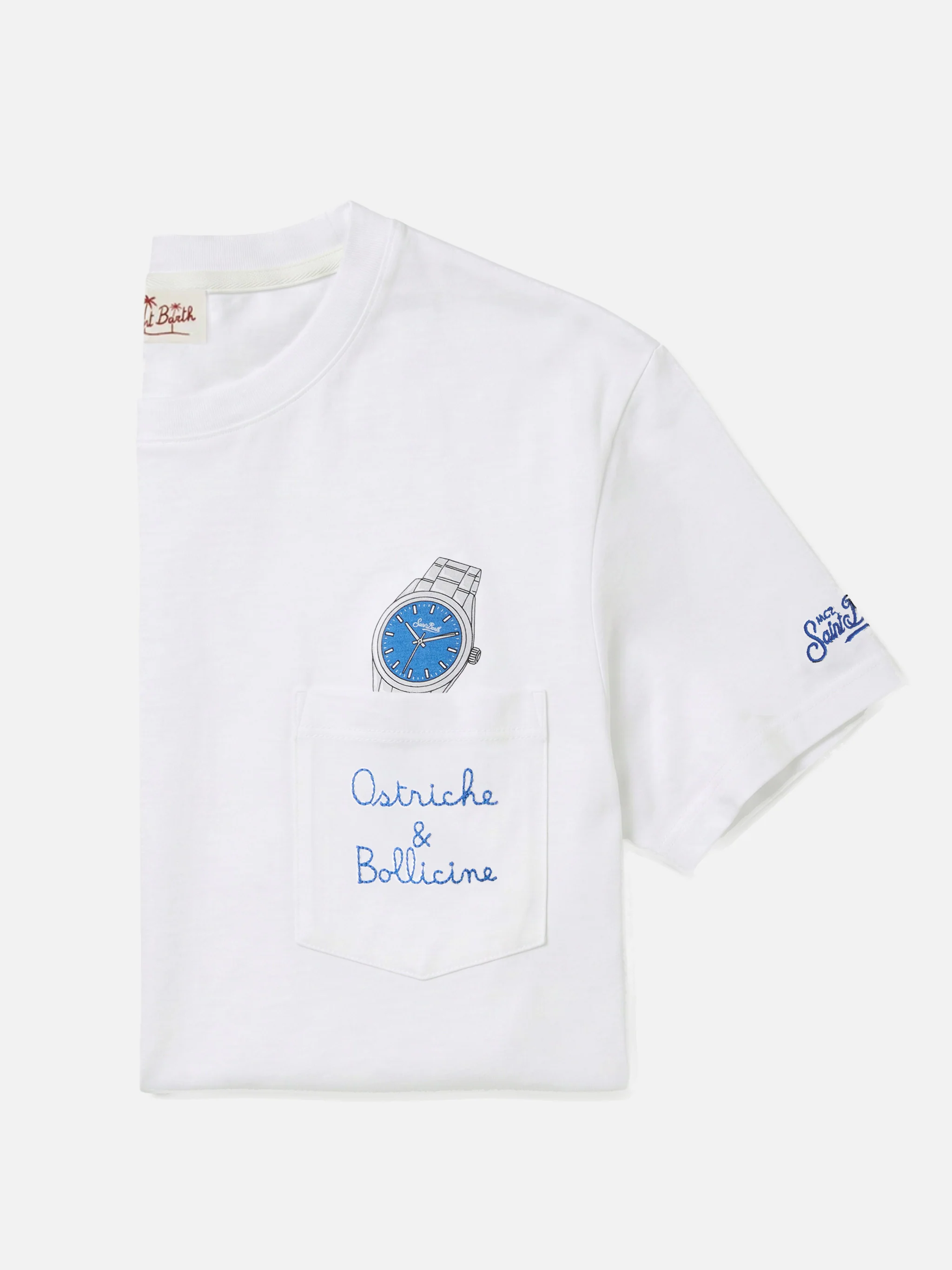 White Austin t-shirt with watch and Ostriche e Bollicine embroidery