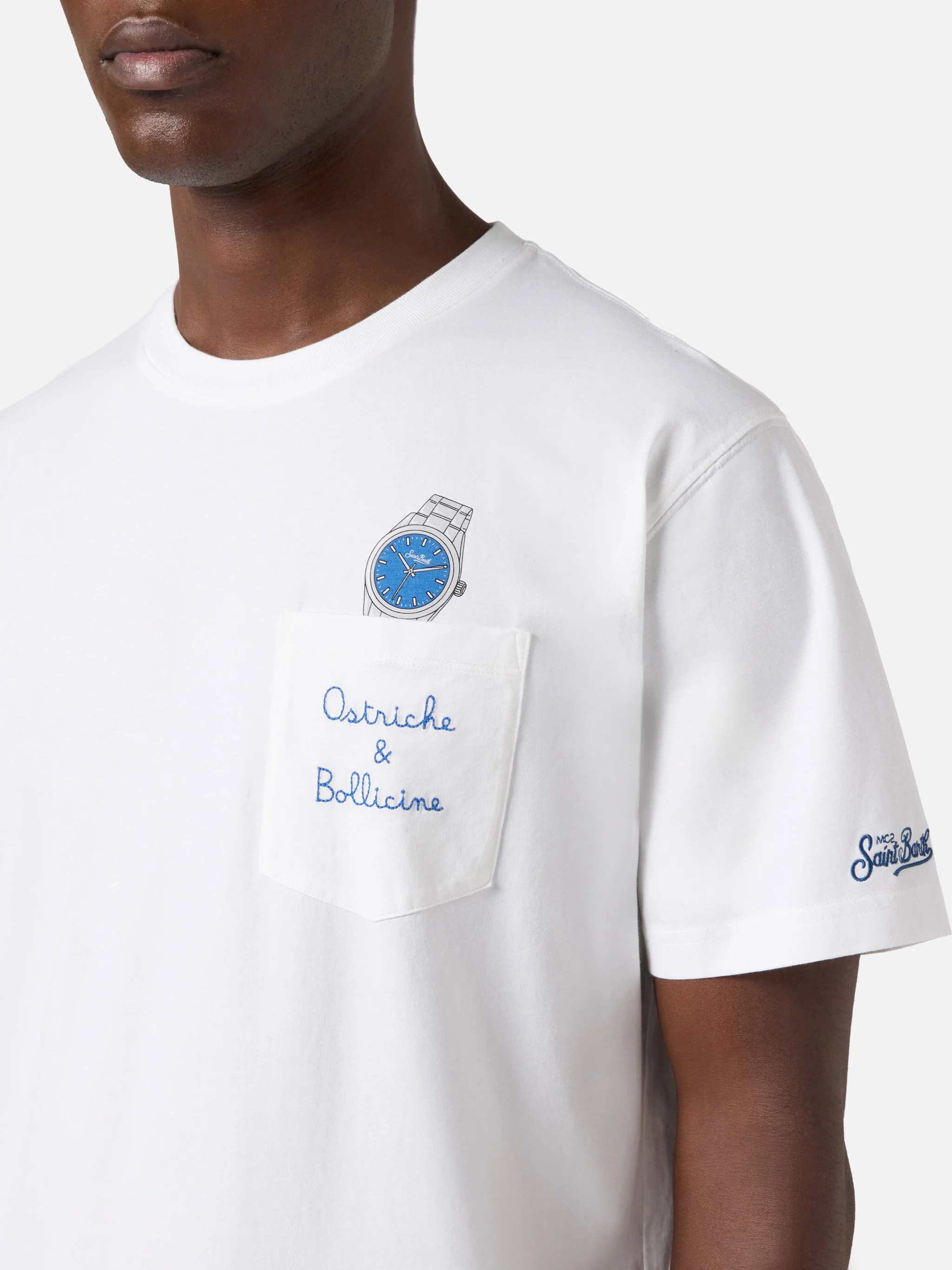 White Austin t-shirt with watch and Ostriche e Bollicine embroidery - Image 2