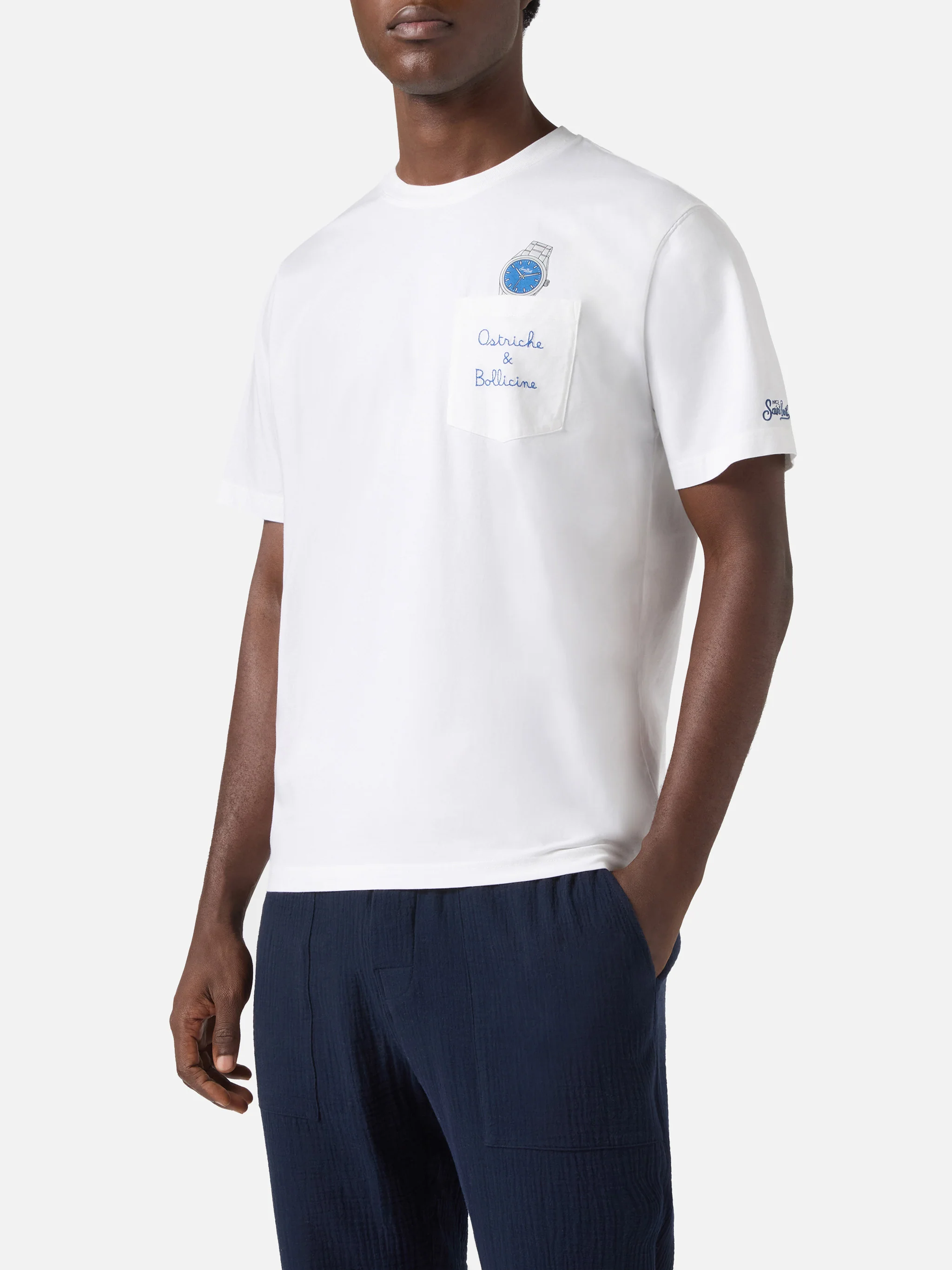 White Austin t-shirt with watch and Ostriche e Bollicine embroidery - Image 3