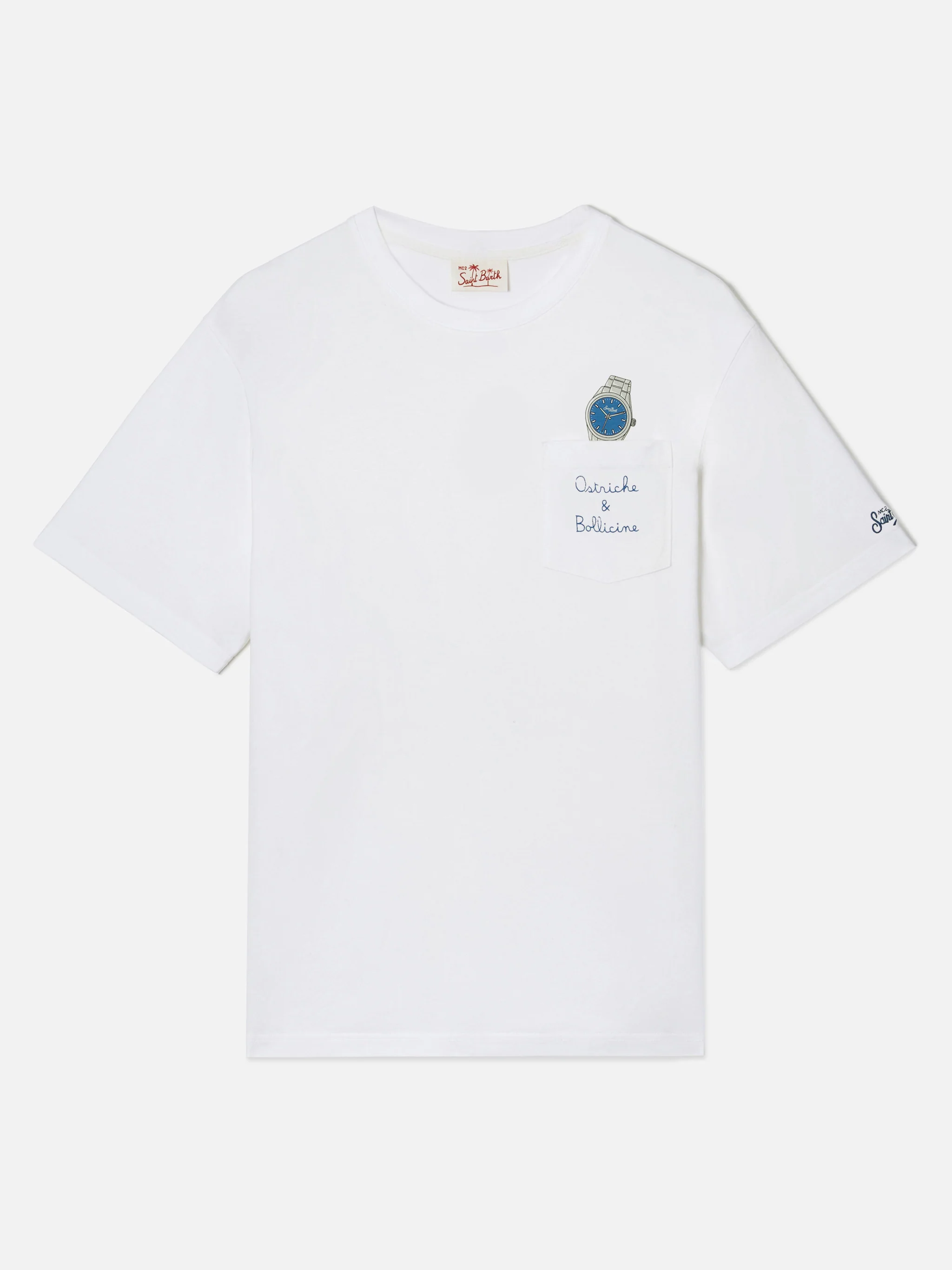 White Austin t-shirt with watch and Ostriche e Bollicine embroidery - Image 5