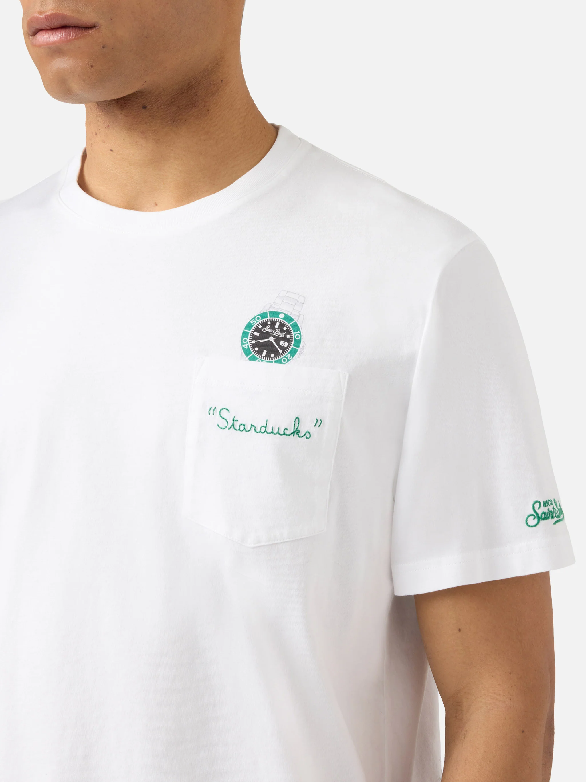 White Austin t-shirt with watch and Starduchs embroidery - Image 2