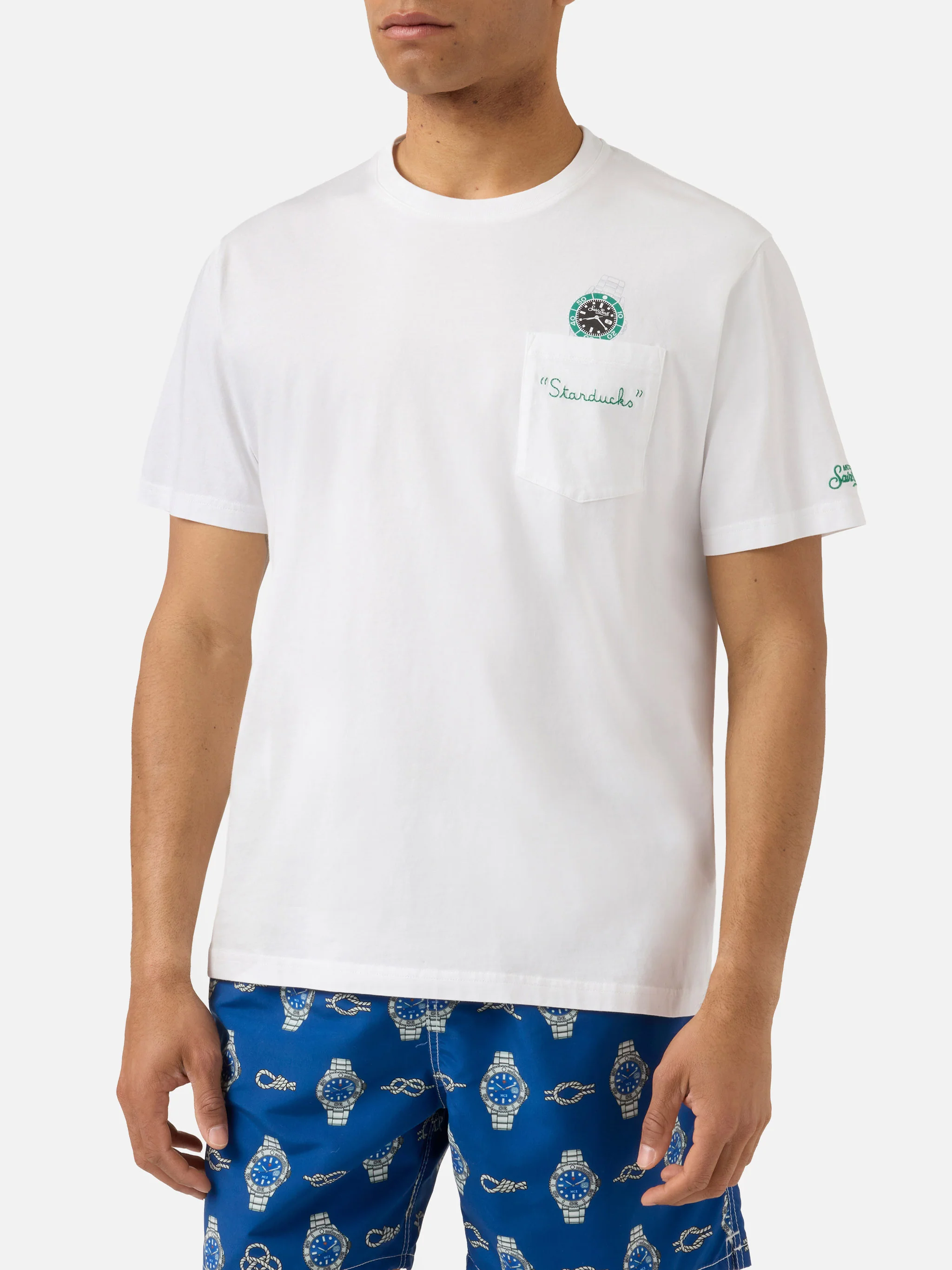 White Austin t-shirt with watch and Starduchs embroidery - Image 3