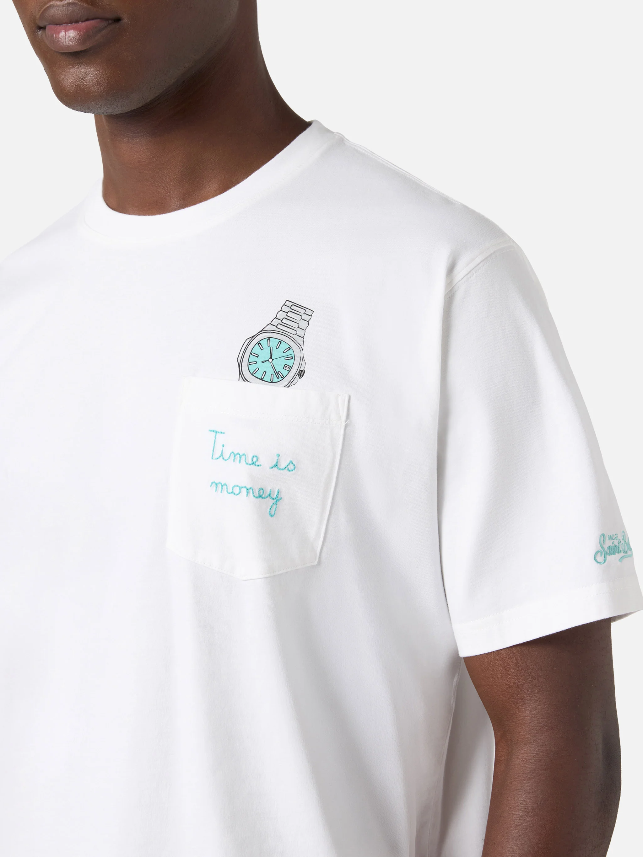 White Austin t-shirt with watch and Time Is Money embroidery - Image 2