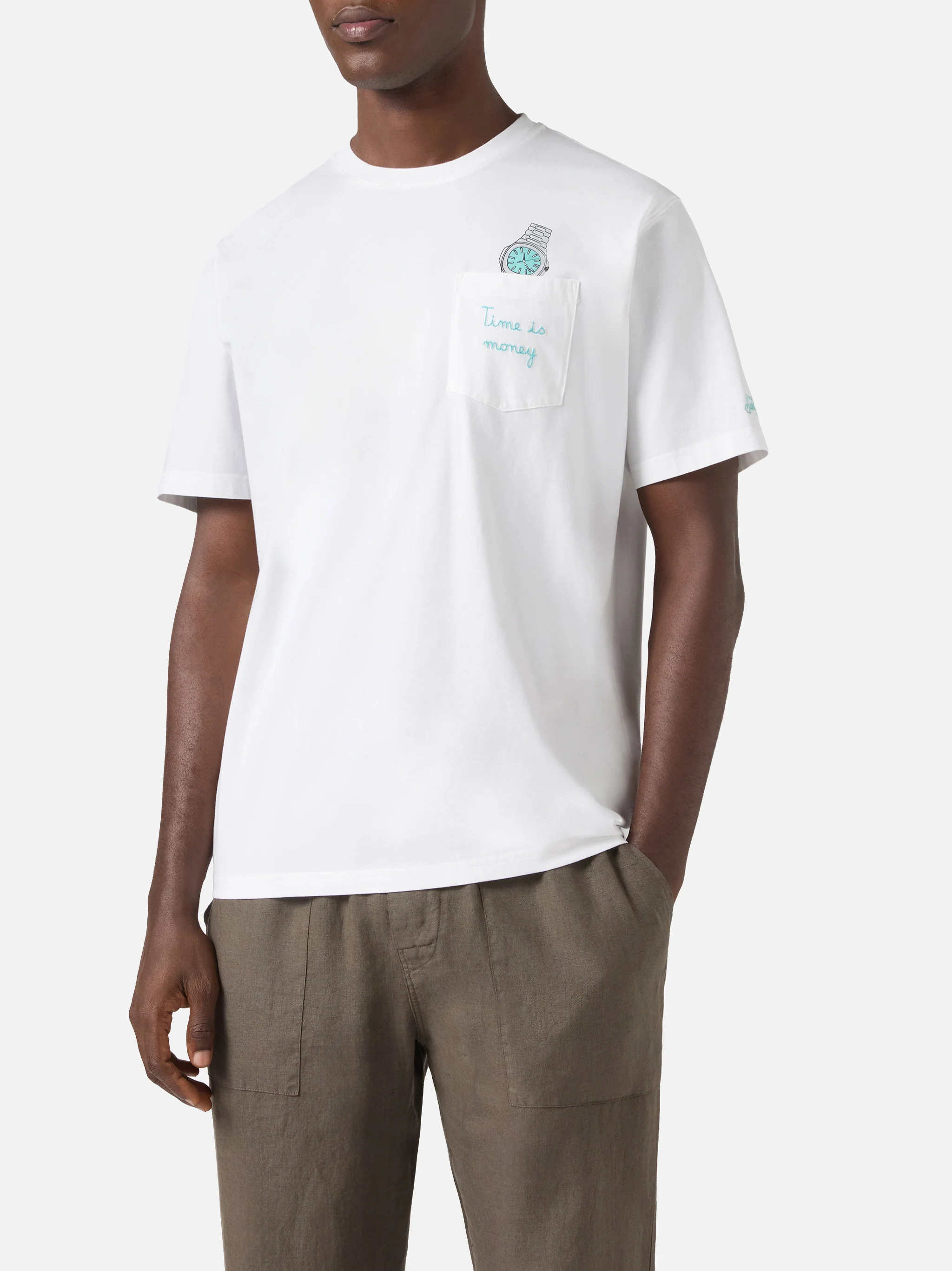 White Austin t-shirt with watch and Time Is Money embroidery - Image 3