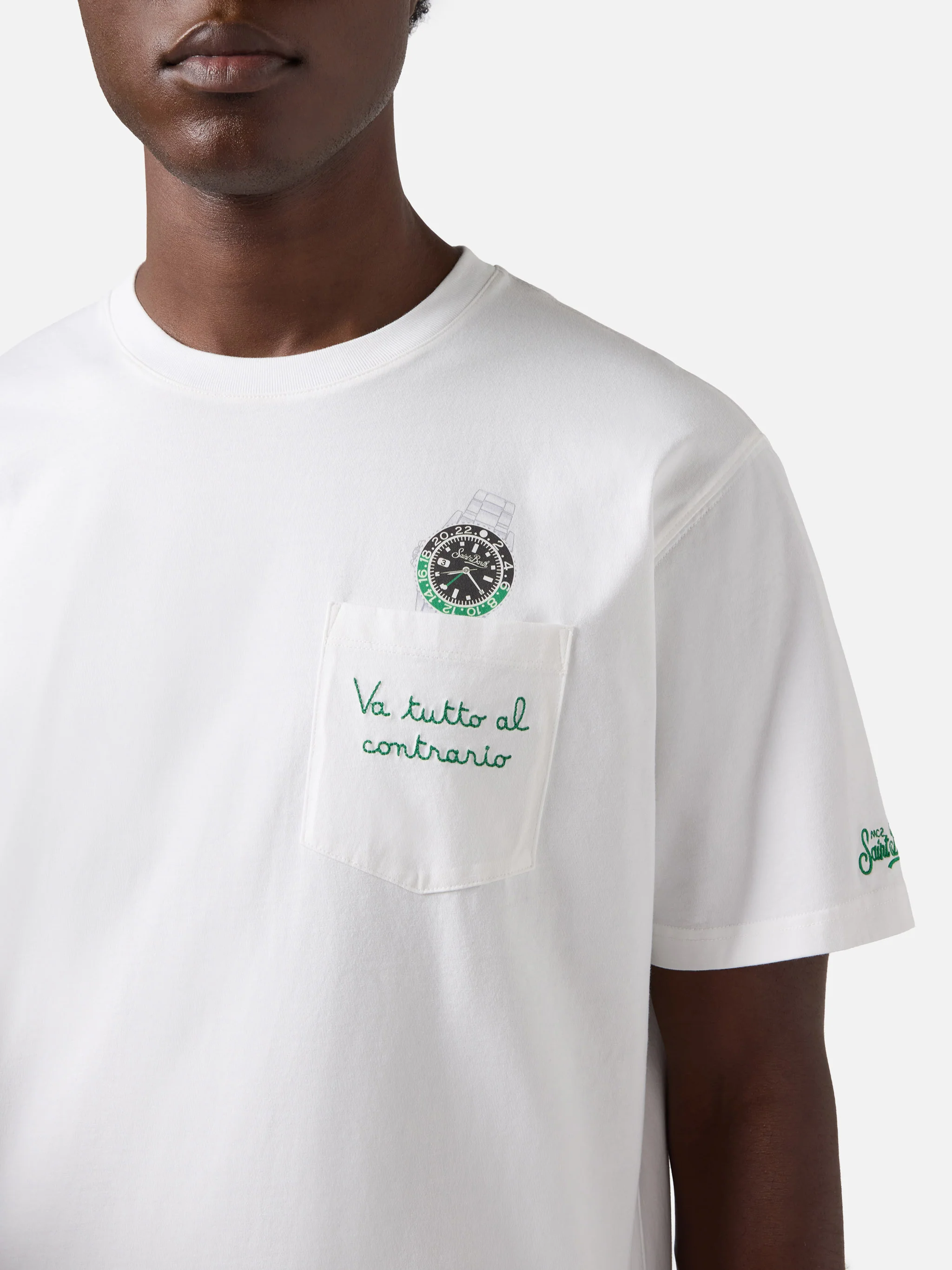 White Austin t-shirt with watch and Va Tutto Al Contrario embroidery - Image 2