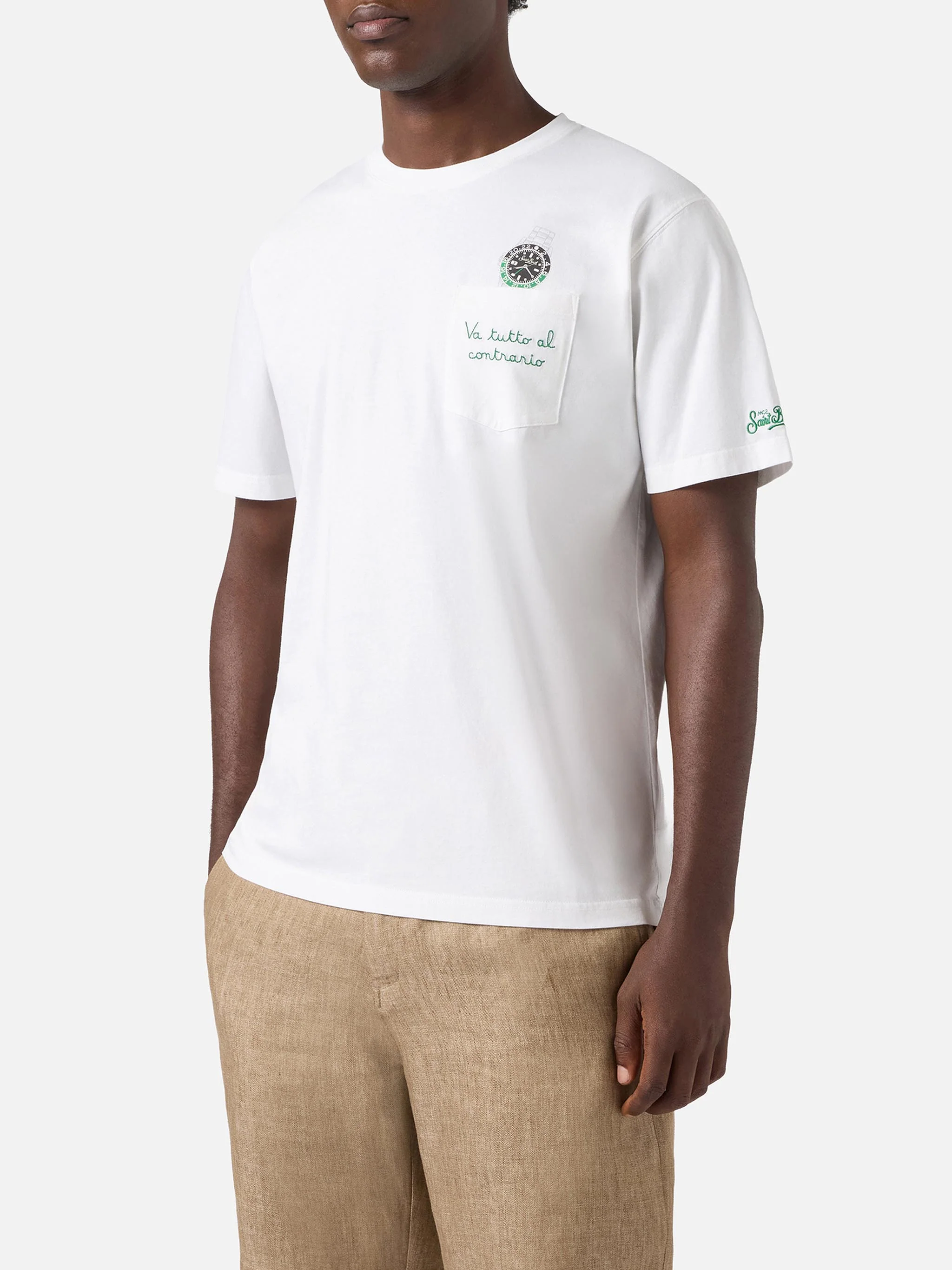 White Austin t-shirt with watch and Va Tutto Al Contrario embroidery - Image 3
