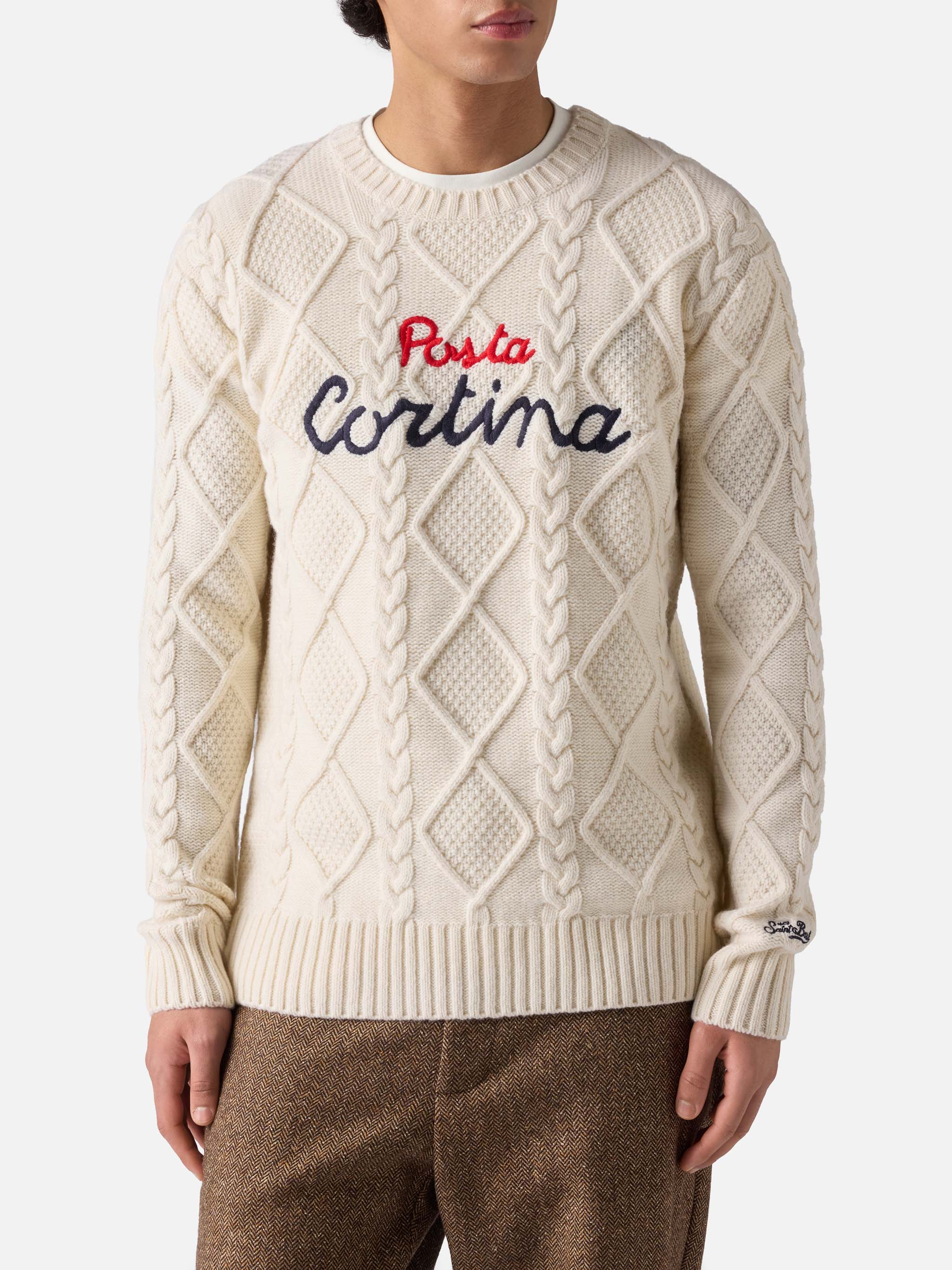 White crewneck Bergen Tricot with Posta Cortina embroidery