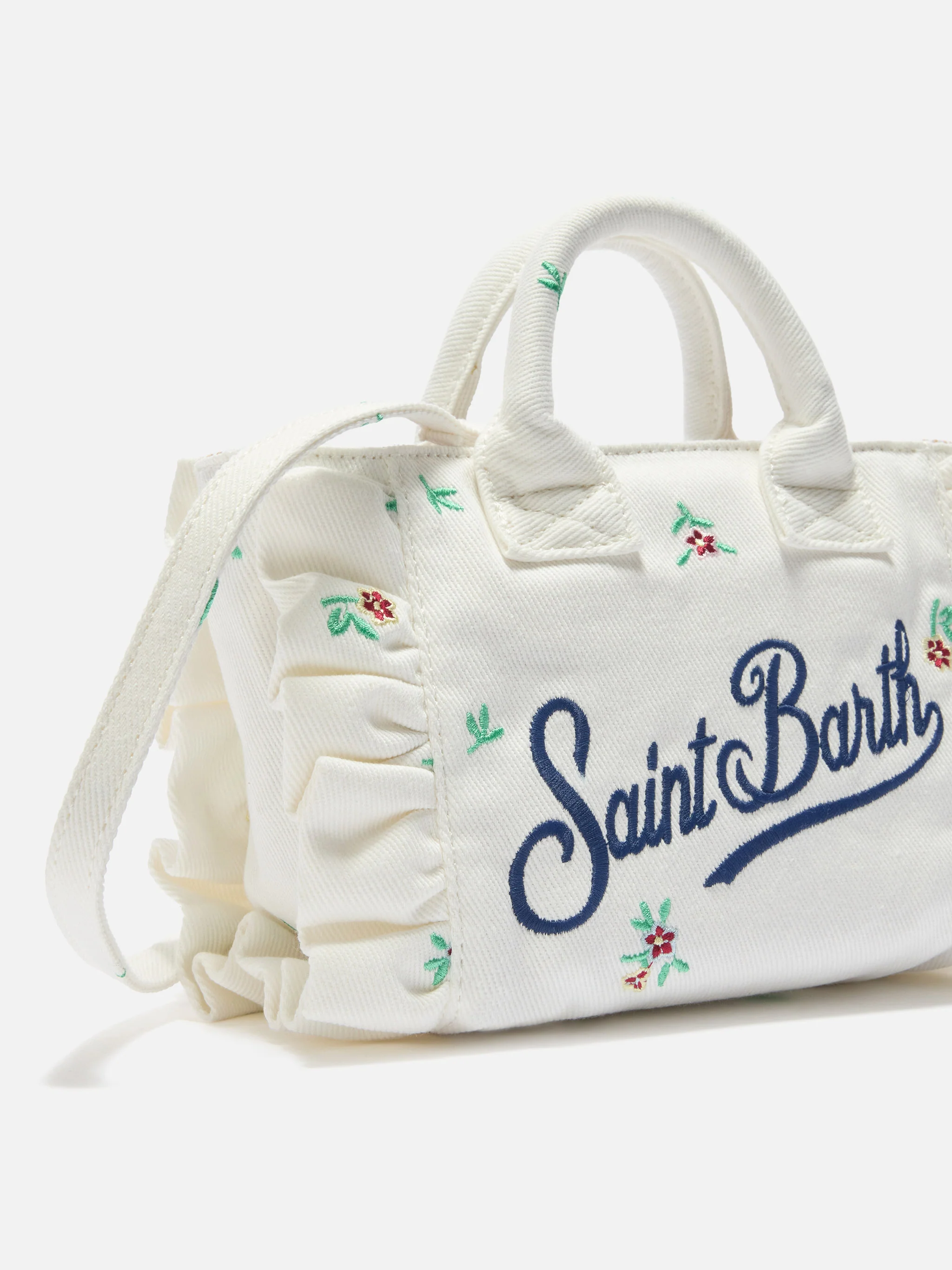 White denim Vanity mini volant bag with embroidered flowers - Image 2