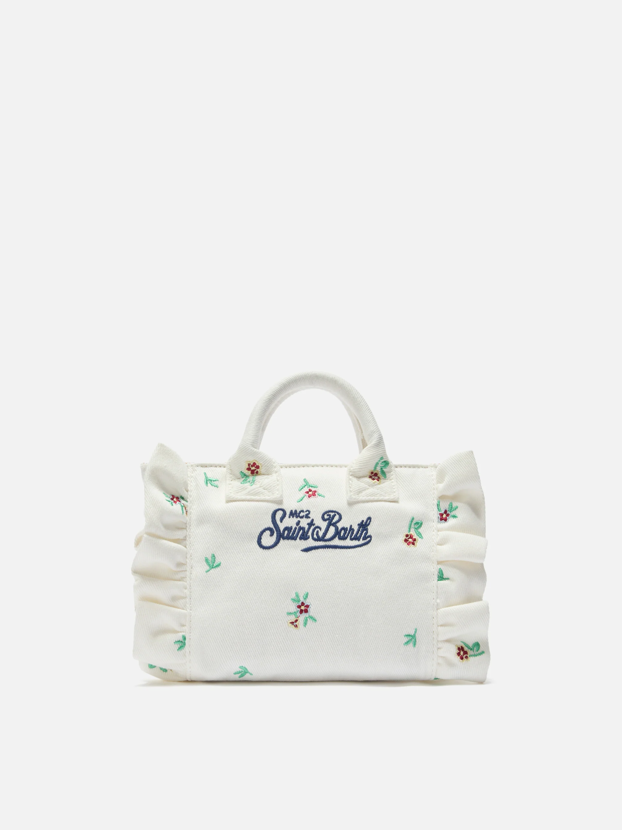 White denim Vanity mini volant bag with embroidered flowers - Image 3