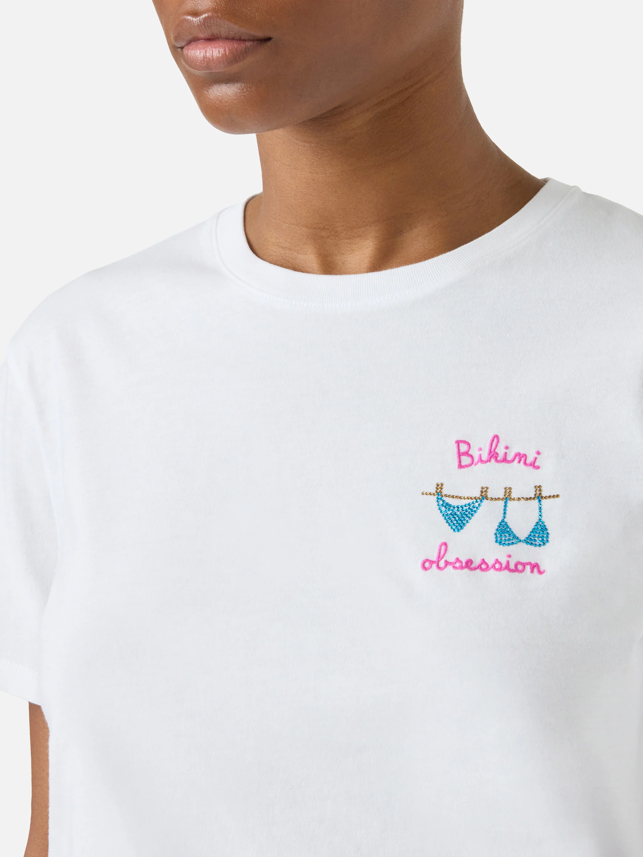 White Emilie T-shirt with Bikini Obsession embroidery and rhinestones - Image 2