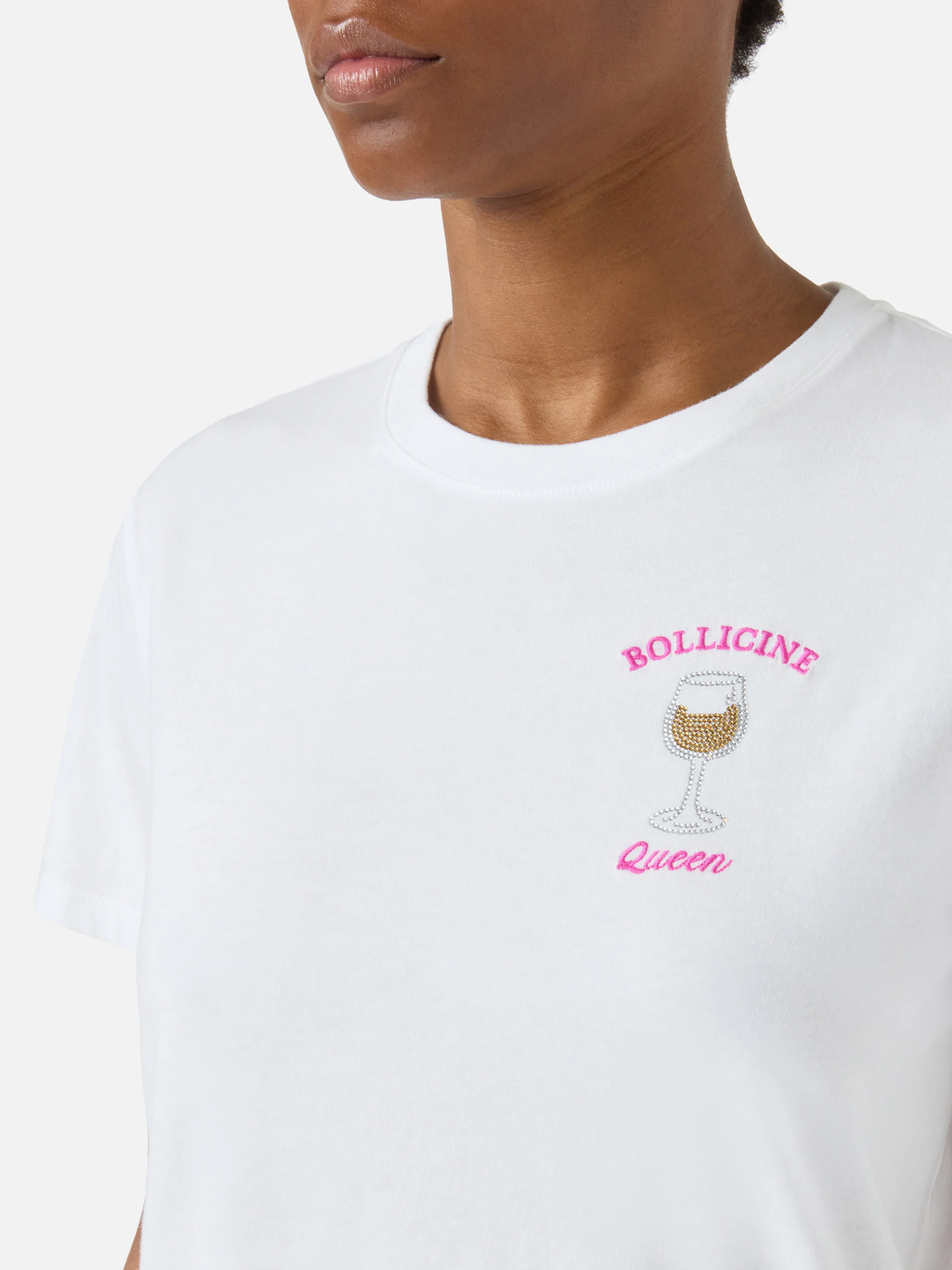 White Emilie T-shirt with Bollicine Queen embroidery and rhinestones - Image 2