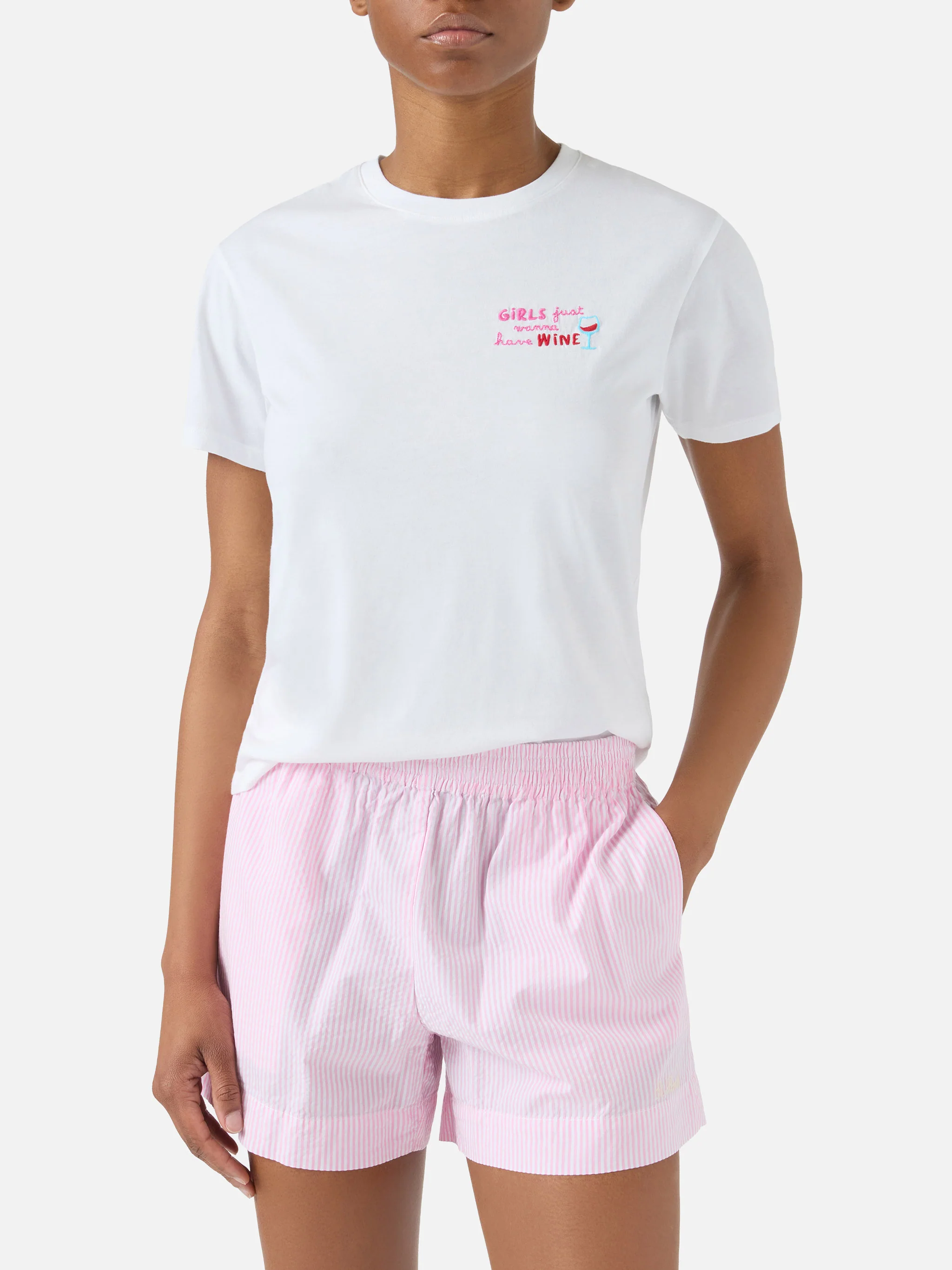 White Emilie T-shirt with Girls Just Wanna Have Wine embroidery
