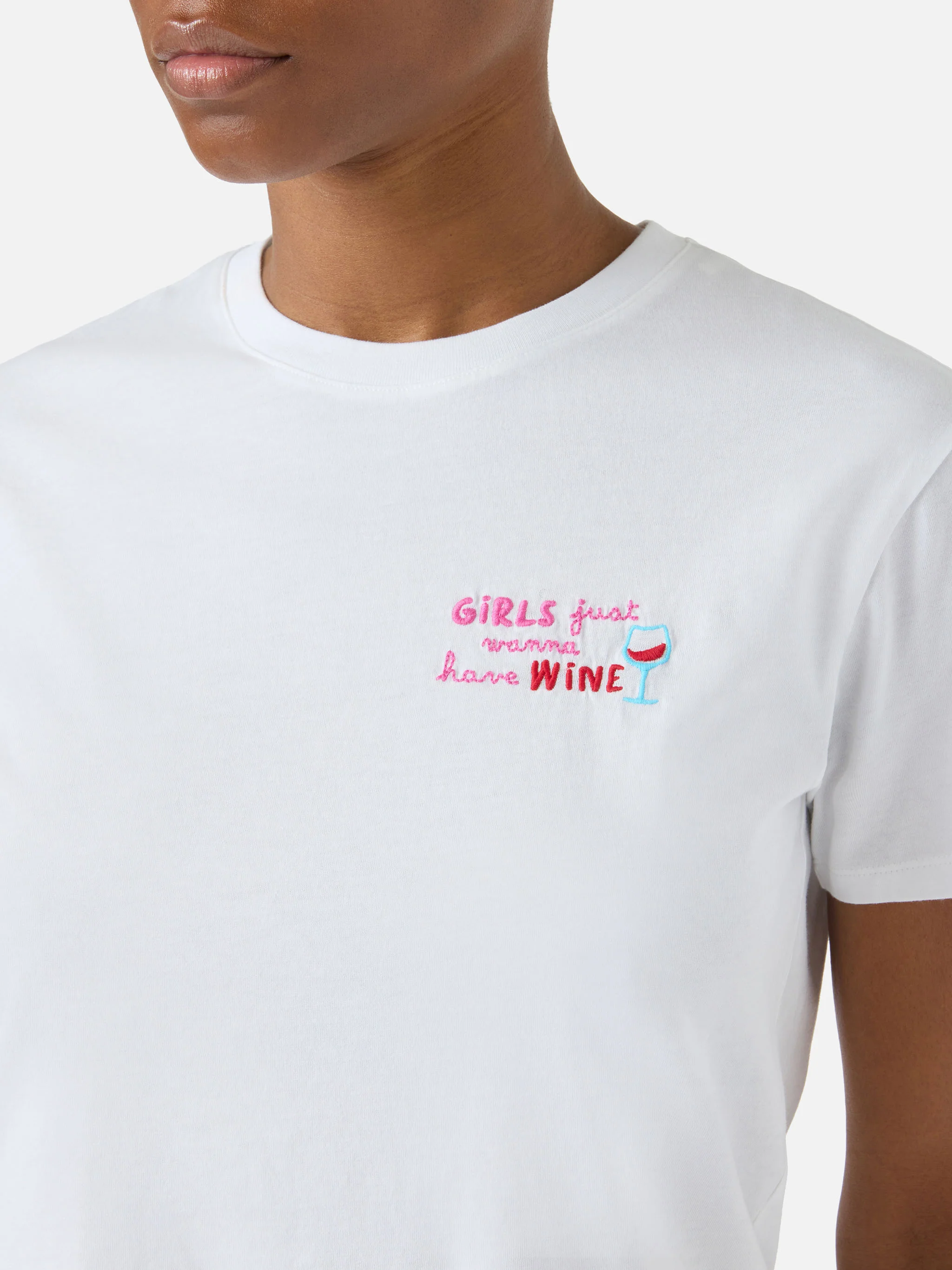 White Emilie T-shirt with Girls Just Wanna Have Wine embroidery - Image 2
