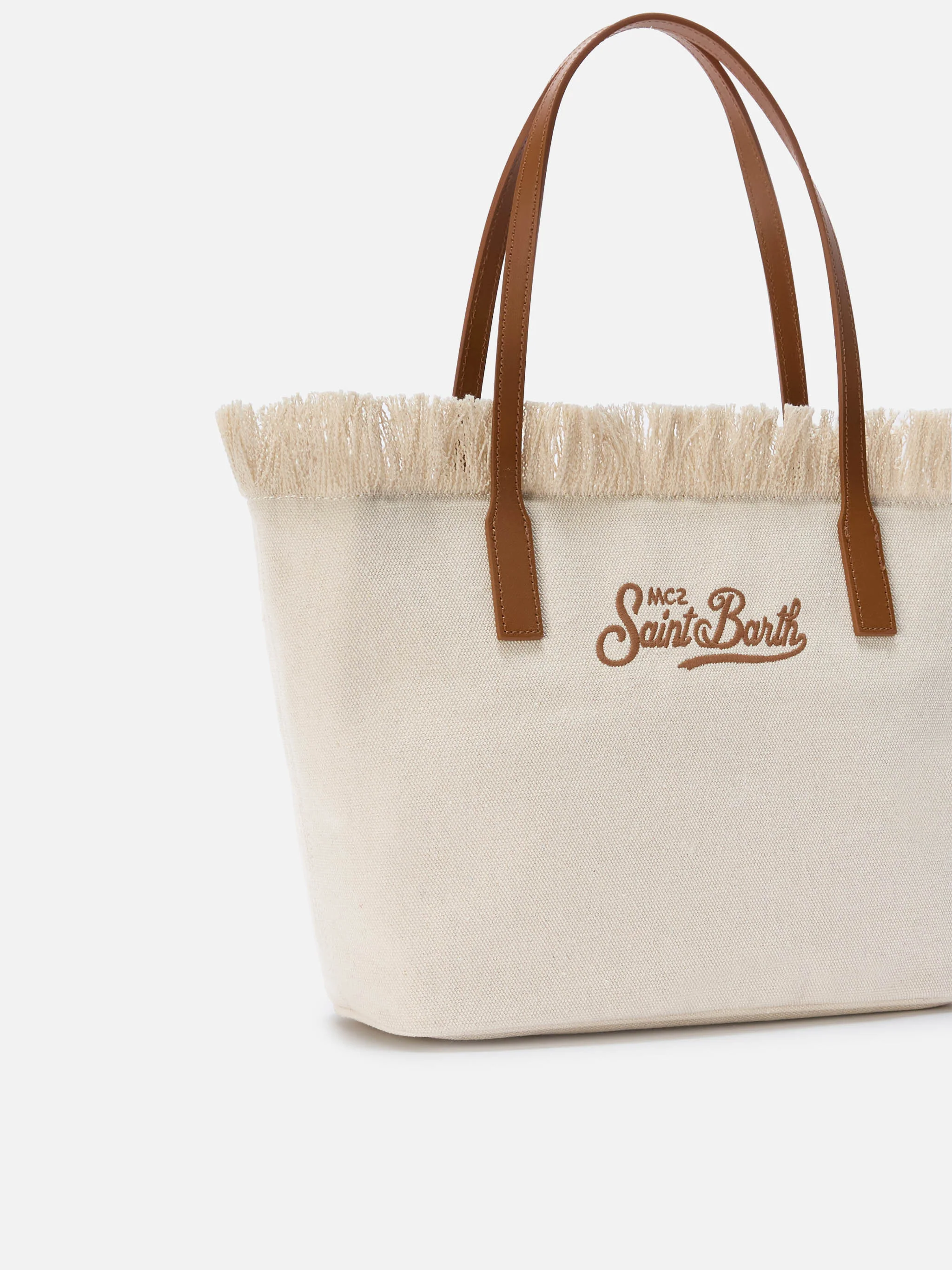 White medium City canvas shopper bag with fringes - Image 3