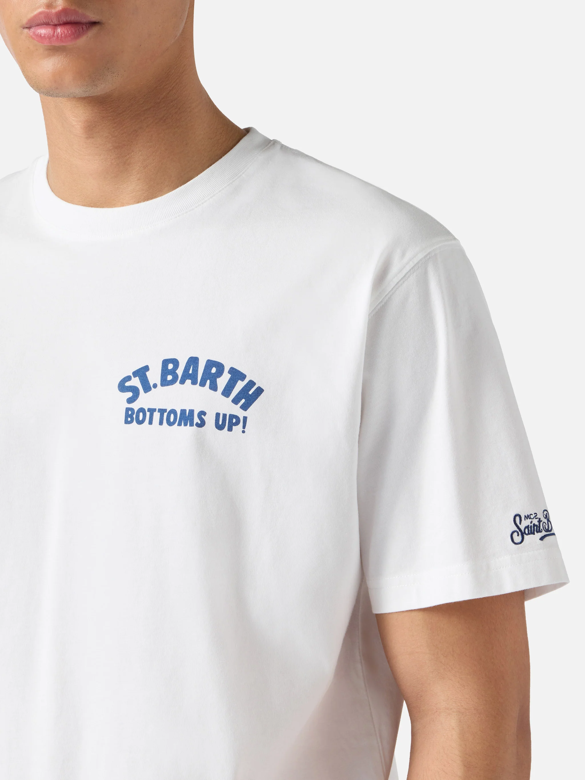 White Portland t-shirt with St. Barth Bottoms Up print - Image 2