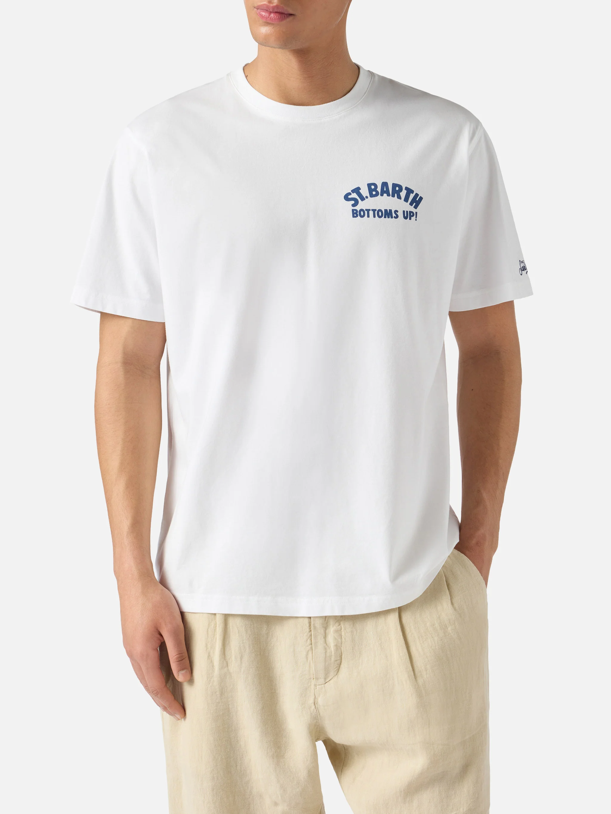 White Portland t-shirt with St. Barth Bottoms Up print - Image 3