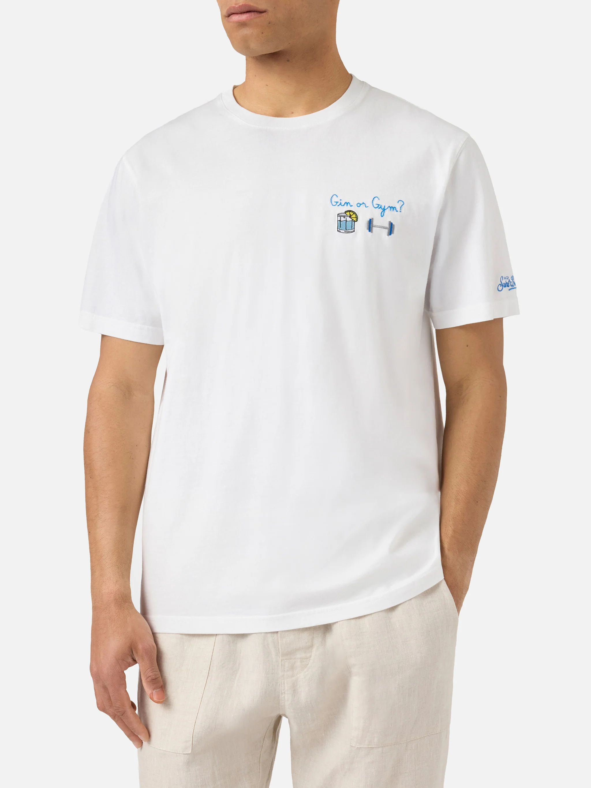 White Portofino T-shirt with Gin Or Gym? embroidery - Image 3