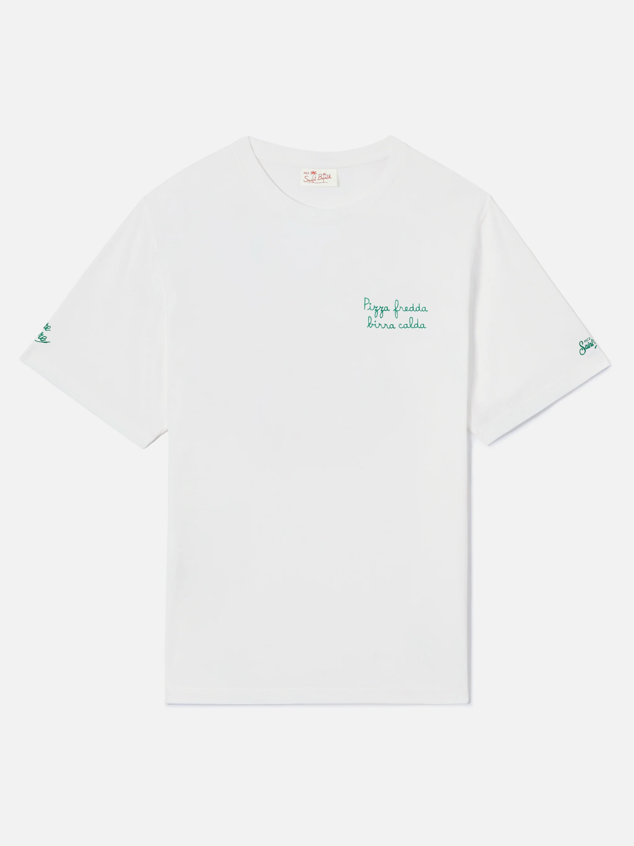 White Portofino T-shirt with Pizza Fredda Birra Calda embroidery