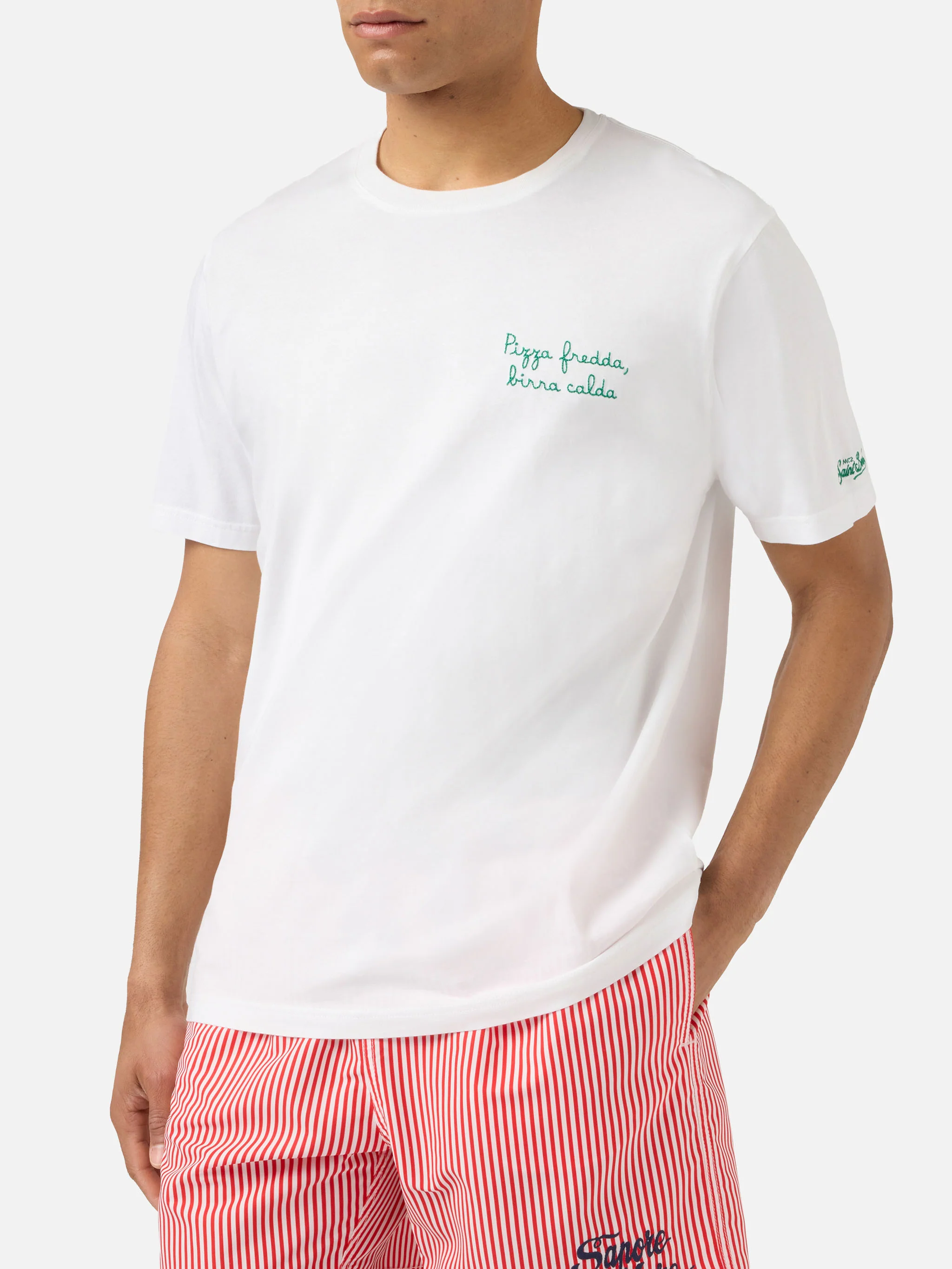 White Portofino T-shirt with Pizza Fredda Birra Calda embroidery - Image 3